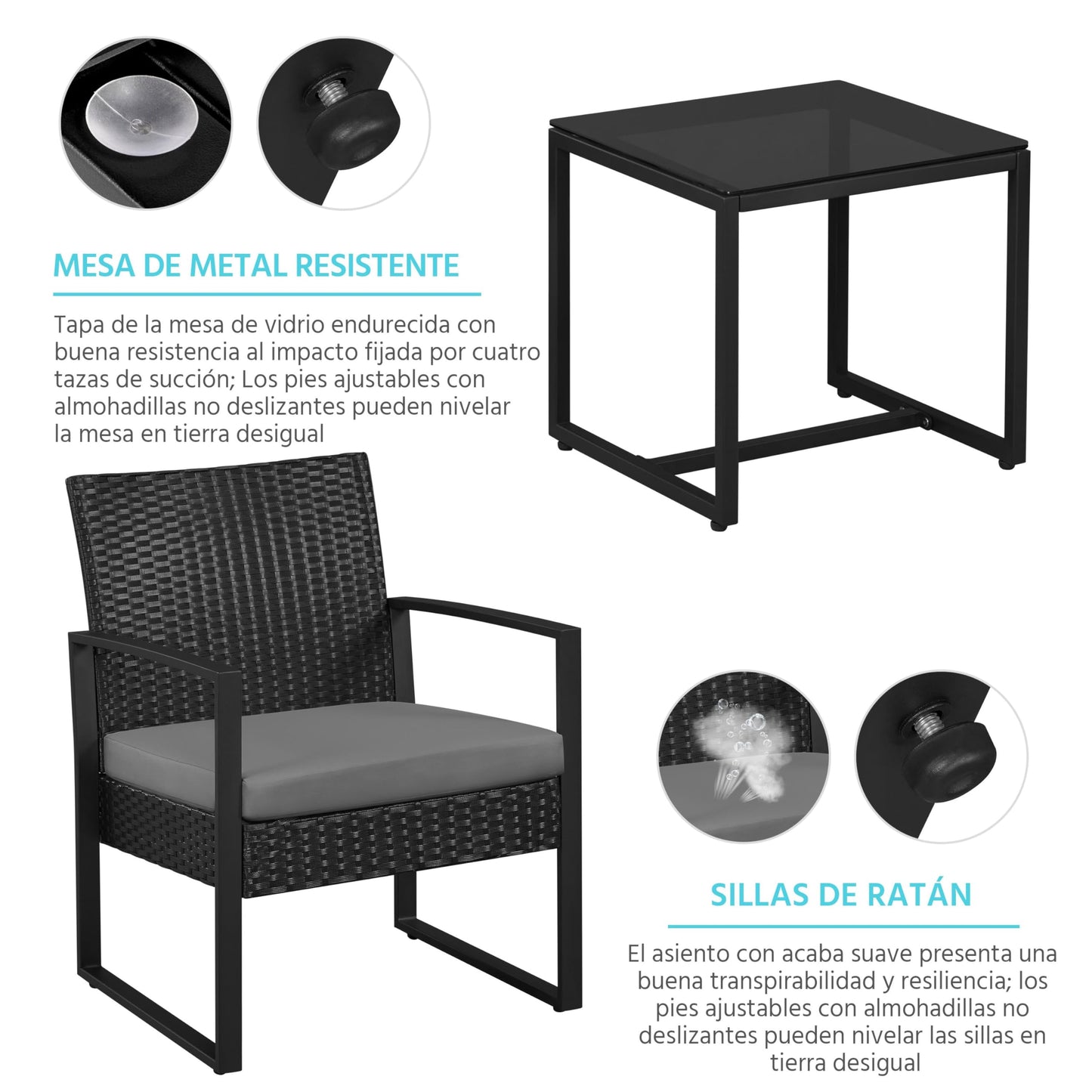 Yaheetech Conjunto de Mesa y Sillas Exterior Juego de Muebles Jardin con Cojines Silla Ratán Impermeable para Terraza Balcón Negro y Gris