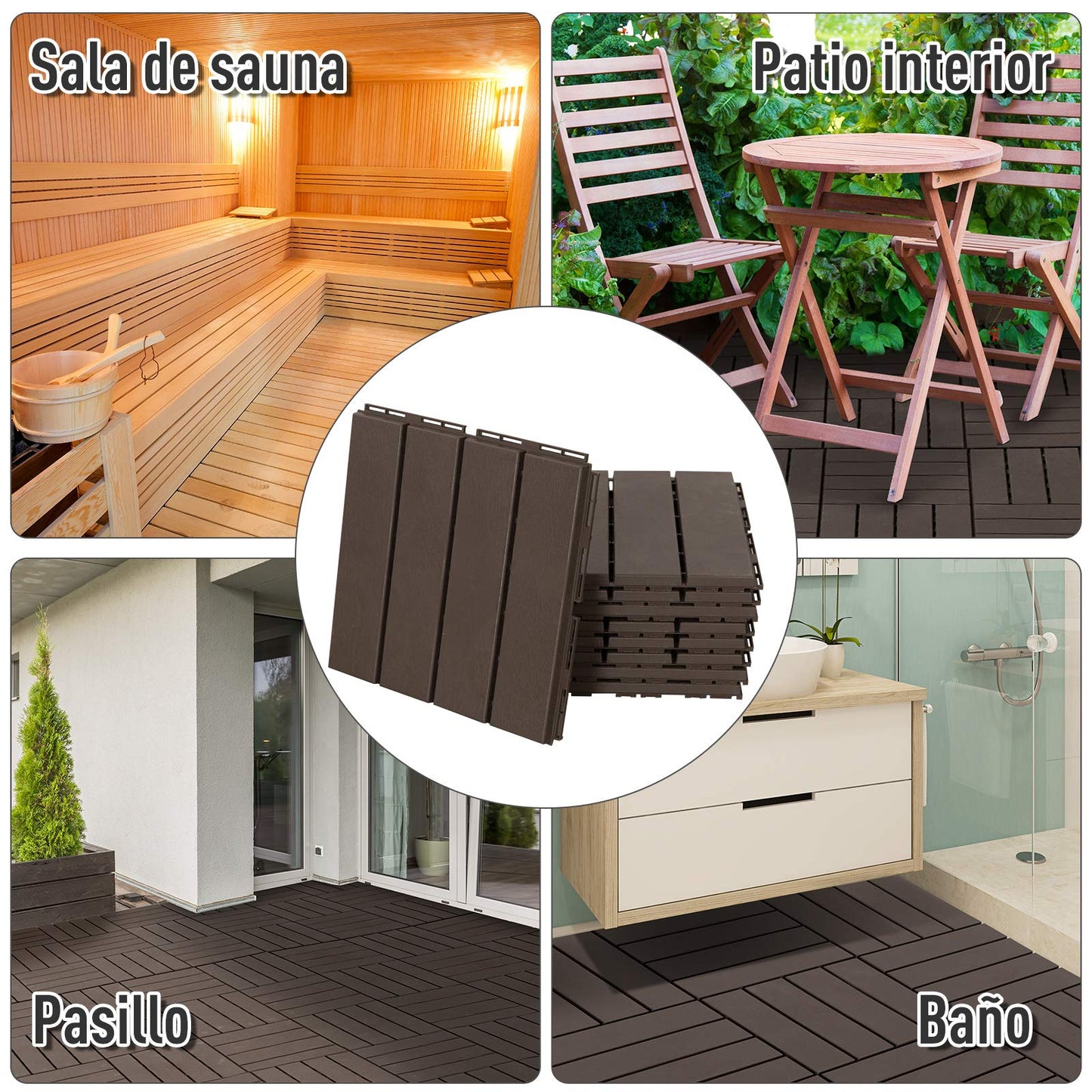 Outsunny Baldosas Cuadradas para Suelos Antideslizantes Exteriores Interiores Paquete de 9 Piezas 0.81 m² 30x30 cm Marrón