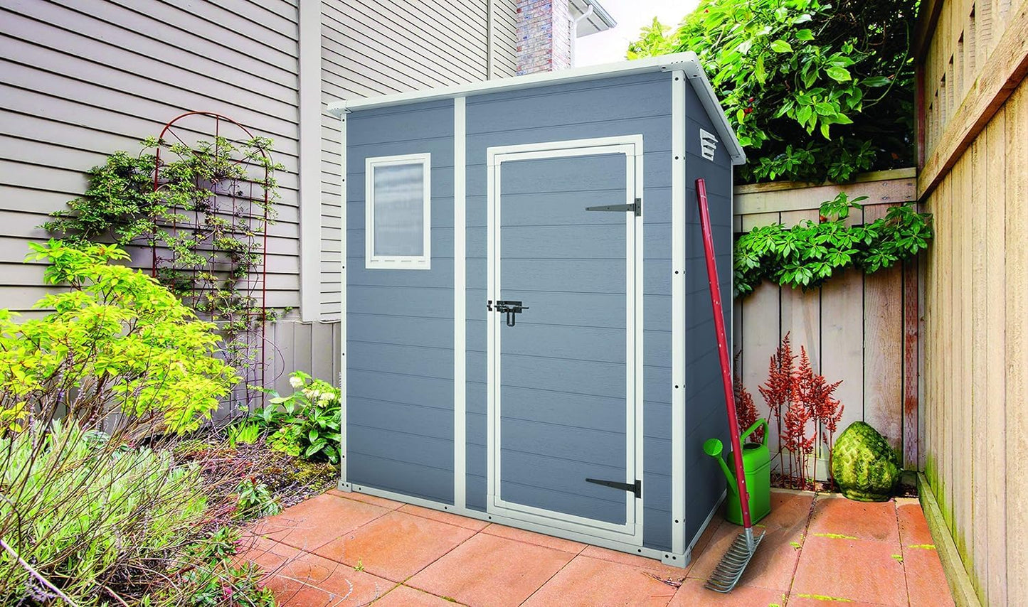 Keter Manor Pent 4X6 - Caseta de jardín, 183,5x111x200,5 cm y 1,8m2, Suelo, Sistema de ventilación, Puerta y Ventana, Resistente al Agua, Color Gris
