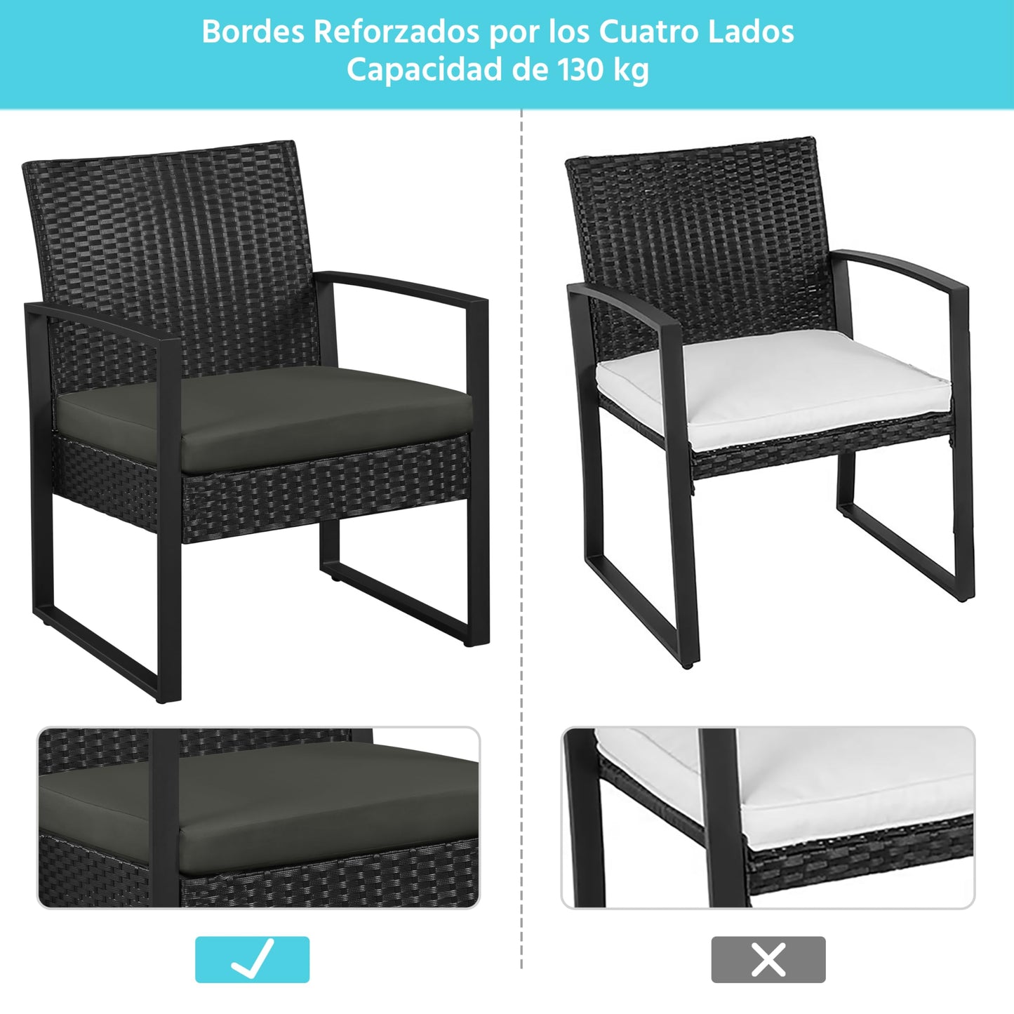 Yaheetech Conjunto de Mesa y Sillas Exterior Juego de Muebles Jardin con Cojines Silla Ratán Impermeable para Terraza Balcón Negro y Gris