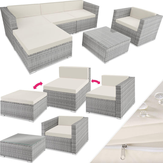 TecTake® Conjunto Jardín de Ratán, Muebles Jardín Exterior 4 Sillones, 1 Mesa Cristal, 1 Sillón Puf, Conjunto Terraza Resistente a la Intemperie, con Cojines, Modular, Estructura en Acero - Gris Claro