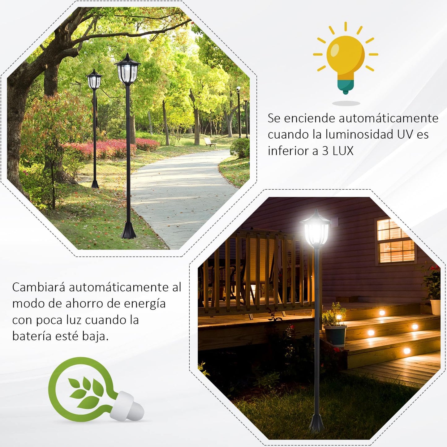 Outsunny Farola Solar con Panel Solar a Cargar Batería Protección al Ambiente 6 LED Perfecto para Noche Encendido Automático Autonomía de 6 Horas Instalar Fácil Negro Ø26,5 x 177cm