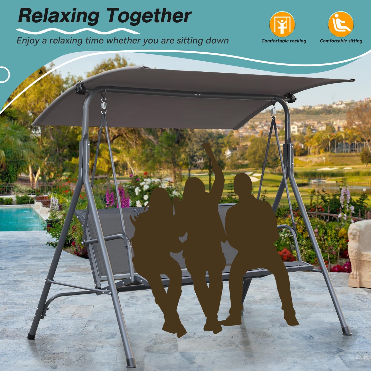 Angel Living - Hamaca Colgante 037, Columpio de Jardín con el Techo de Gris y la Silla de Tesling, 170x110x152cm (3 Plazas, Textileno)