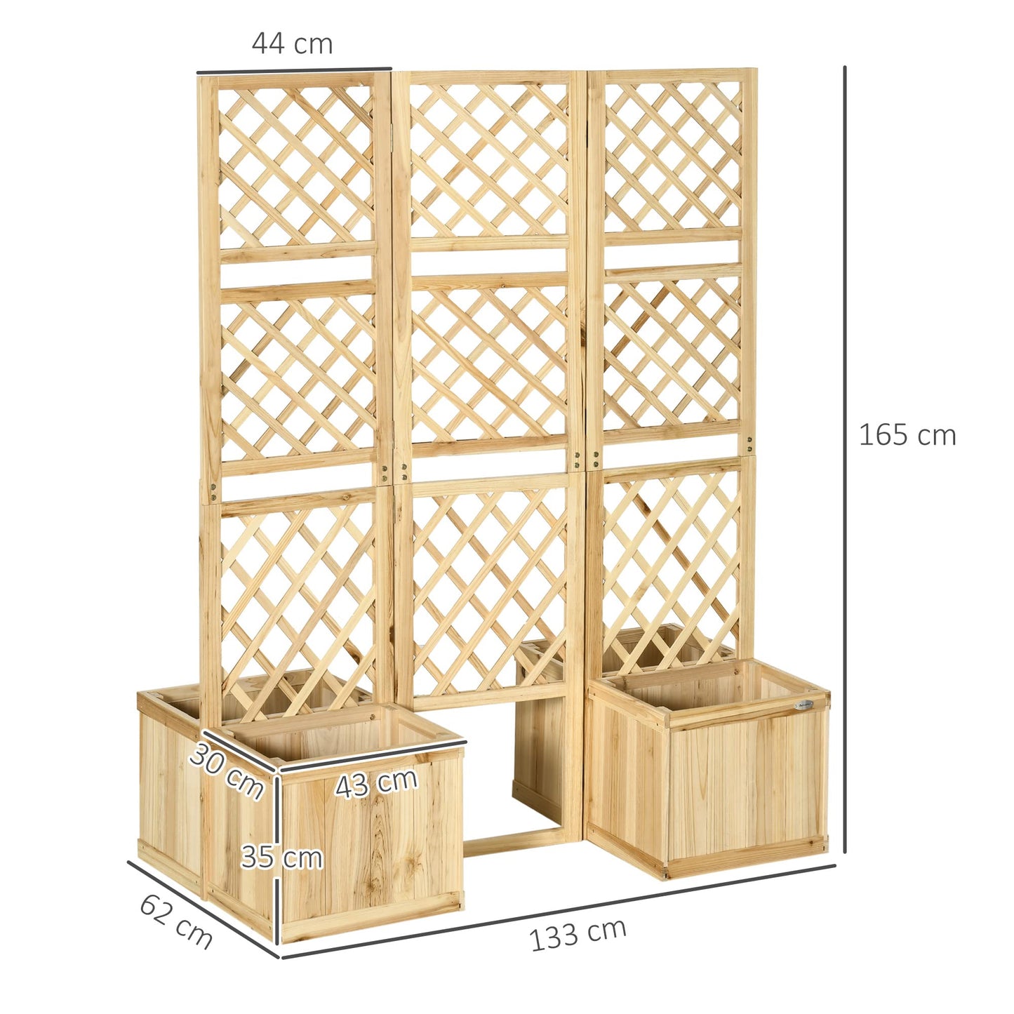 Outsunny Biombo Exterior de 3 Paneles de Madera con 4 Macetas Pantalla de Privacidad de Jardín con Orificios de Drenaje Separador de Ambientes para Terraza Patio 133x62x165 cm Natural
