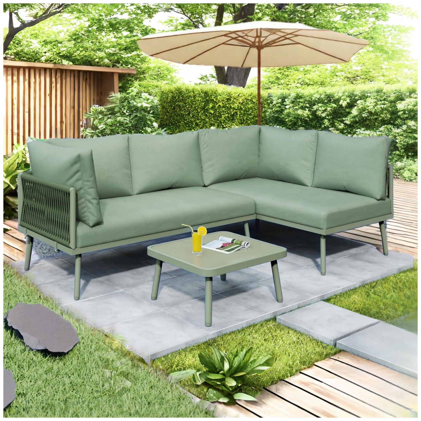 Racxily Juego de muebles de jardín, 2 sofás y 1 mesa, muebles de jardín, de hierro, con cojín de asiento, patas ajustables, verde