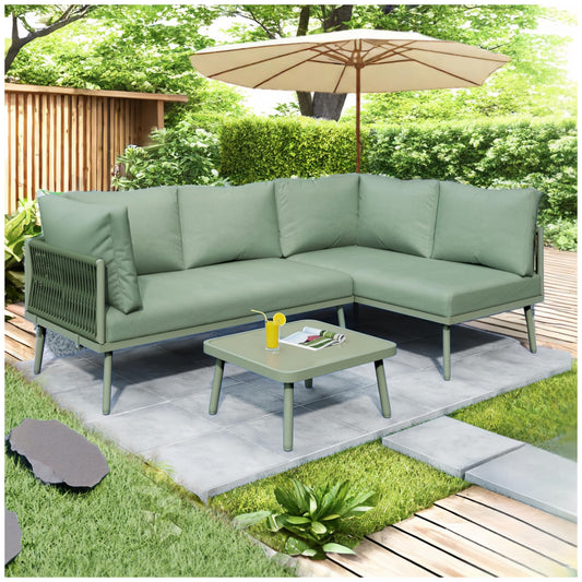 Racxily Juego de muebles de jardín, 2 sofás y 1 mesa, muebles de jardín, de hierro, con cojín de asiento, patas ajustables, verde
