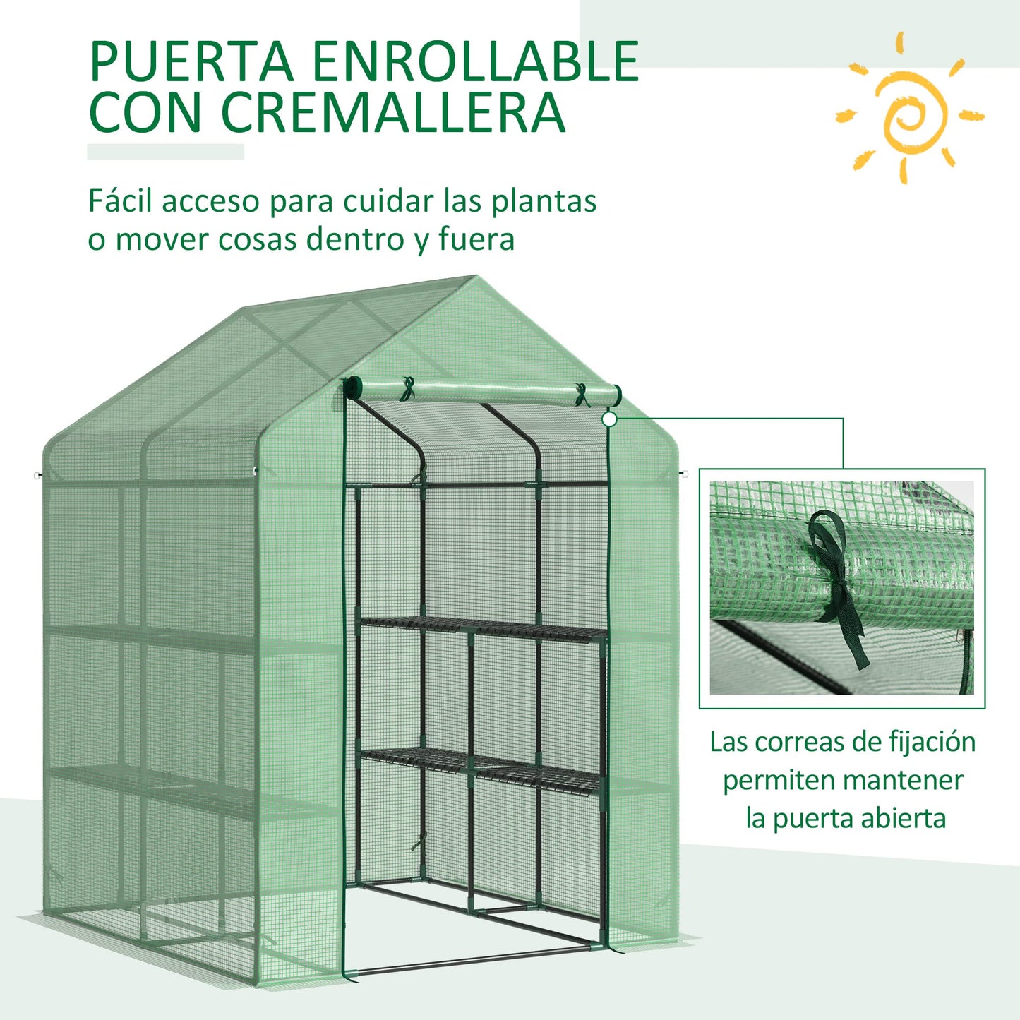 Outsunny Invernadero de Jardín Tipo Caseta Vivero Casero de Acero con 2 Niveles 4 Estantes y Puerta Enrollable para Cultivos Plantas Macetas Flores 143x138x190 cm Verde