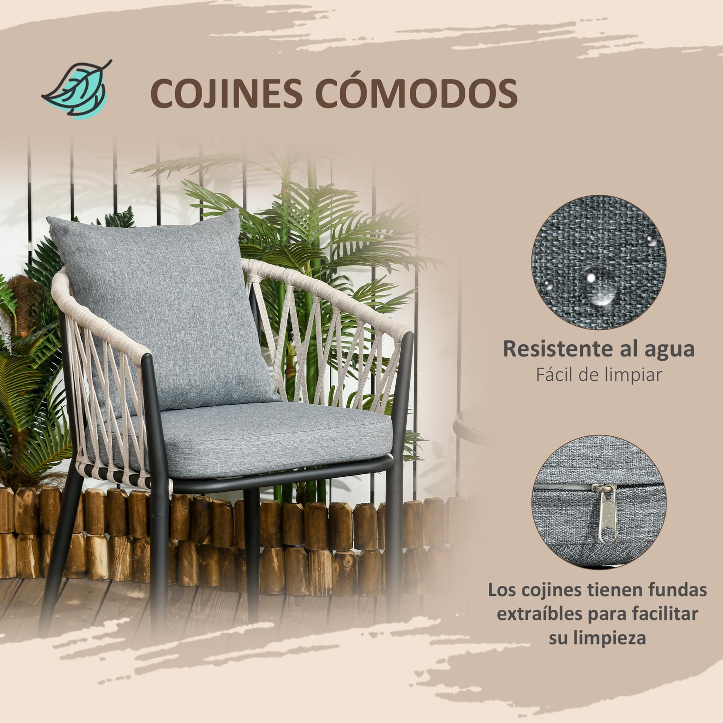 Outsunny Conjunto de Muebles de Jardín 3 Piezas Juego de Muebles de Terraza Incluye Mesa con Encimera de Vidrio Templado y 2 Sillones con Cojines Reposabrazos de Cuerda Polipropileno Gris