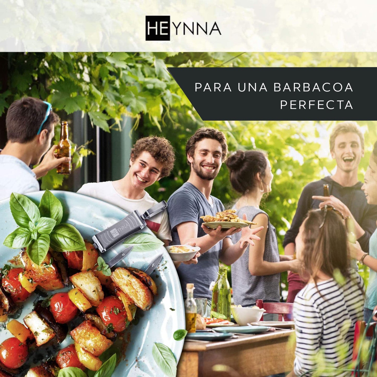 HEYNNA® Pinchos barbacoa acero inoxidable con soporte para barbacoa - Juego de 8 - Brochetas barbacoa con bolsa de almacenamiento - 45 cm