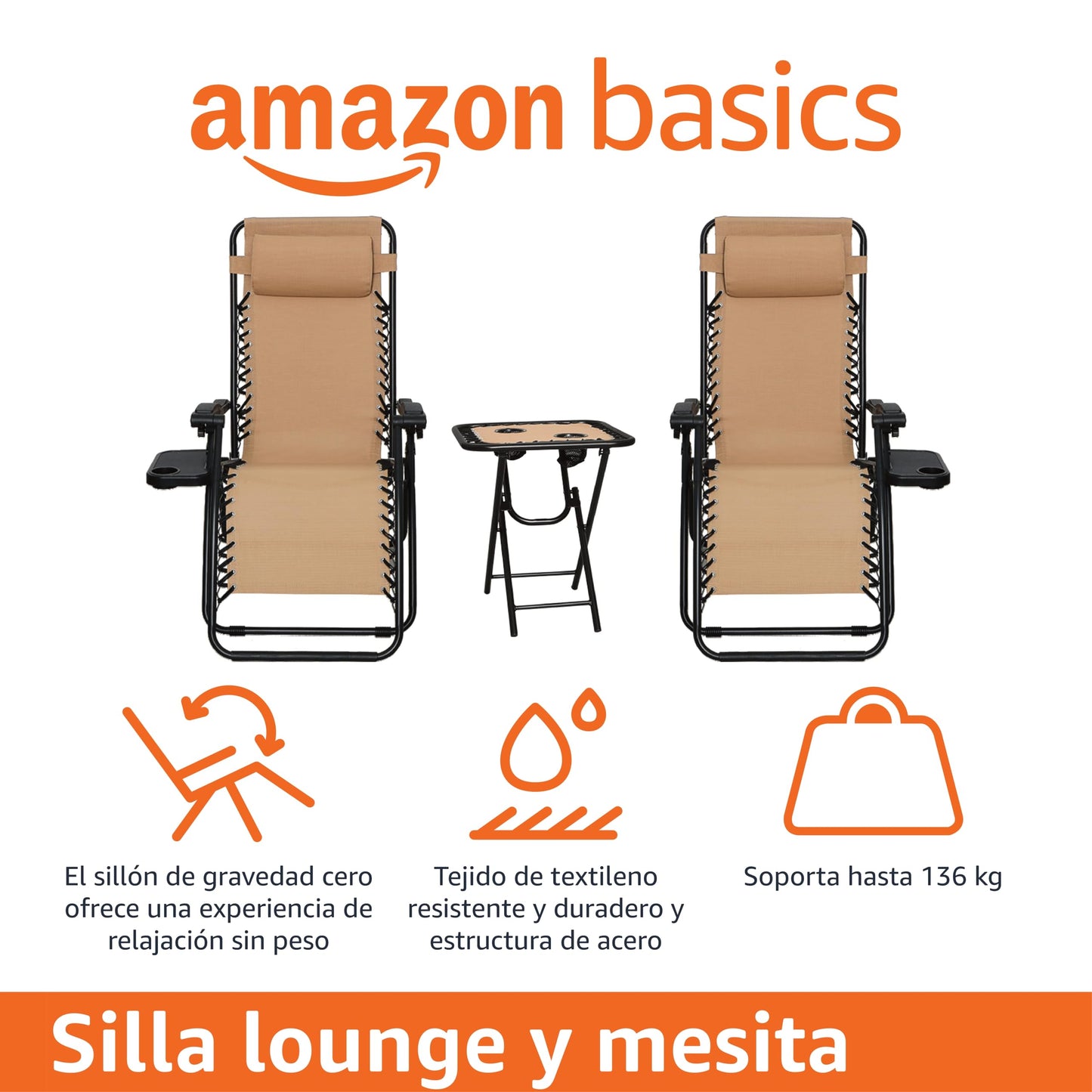 Amazon Basics sillas con gravedad cero y mesa auxiliar, para Oficina, Plegable, Soporte de cabeza, Reclinable, Acero aleado, Paquete de 2, Beige