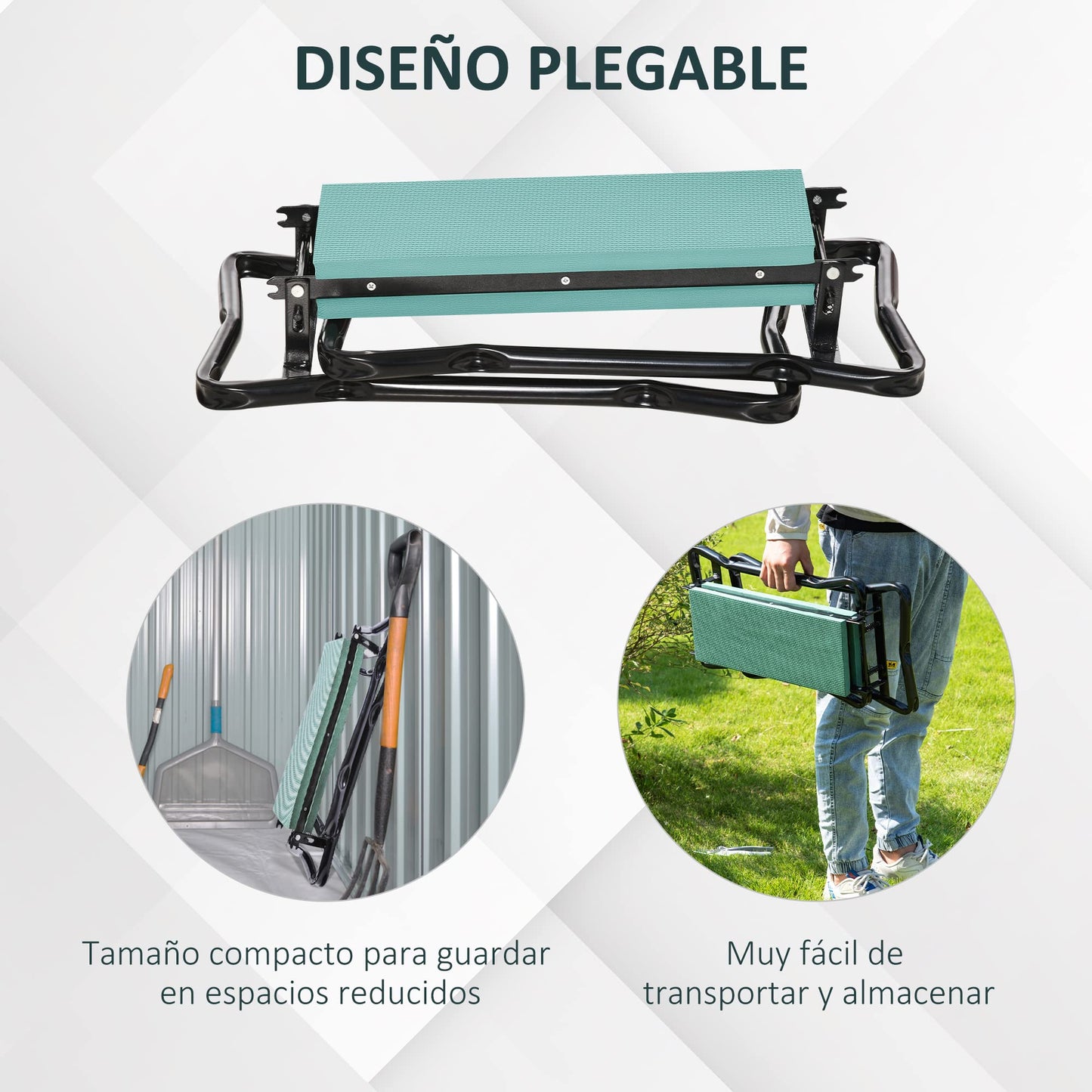Outsunny Taburete Reclinatorio de Jardín Portátil y Plegable Banco de Rodillas Asiento de Jardín Kneeler Carga 150kg con Almohadilla de Espuma EVA para Proteger Las Rodillas y la Ropa de Manchas