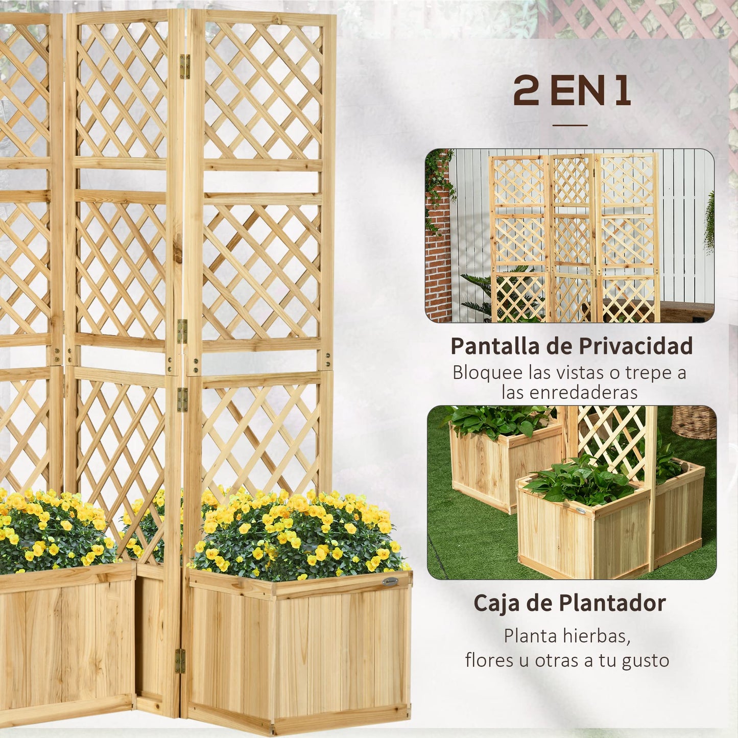 Outsunny Biombo Exterior de 3 Paneles de Madera con 4 Macetas Pantalla de Privacidad de Jardín con Orificios de Drenaje Separador de Ambientes para Terraza Patio 133x62x165 cm Natural
