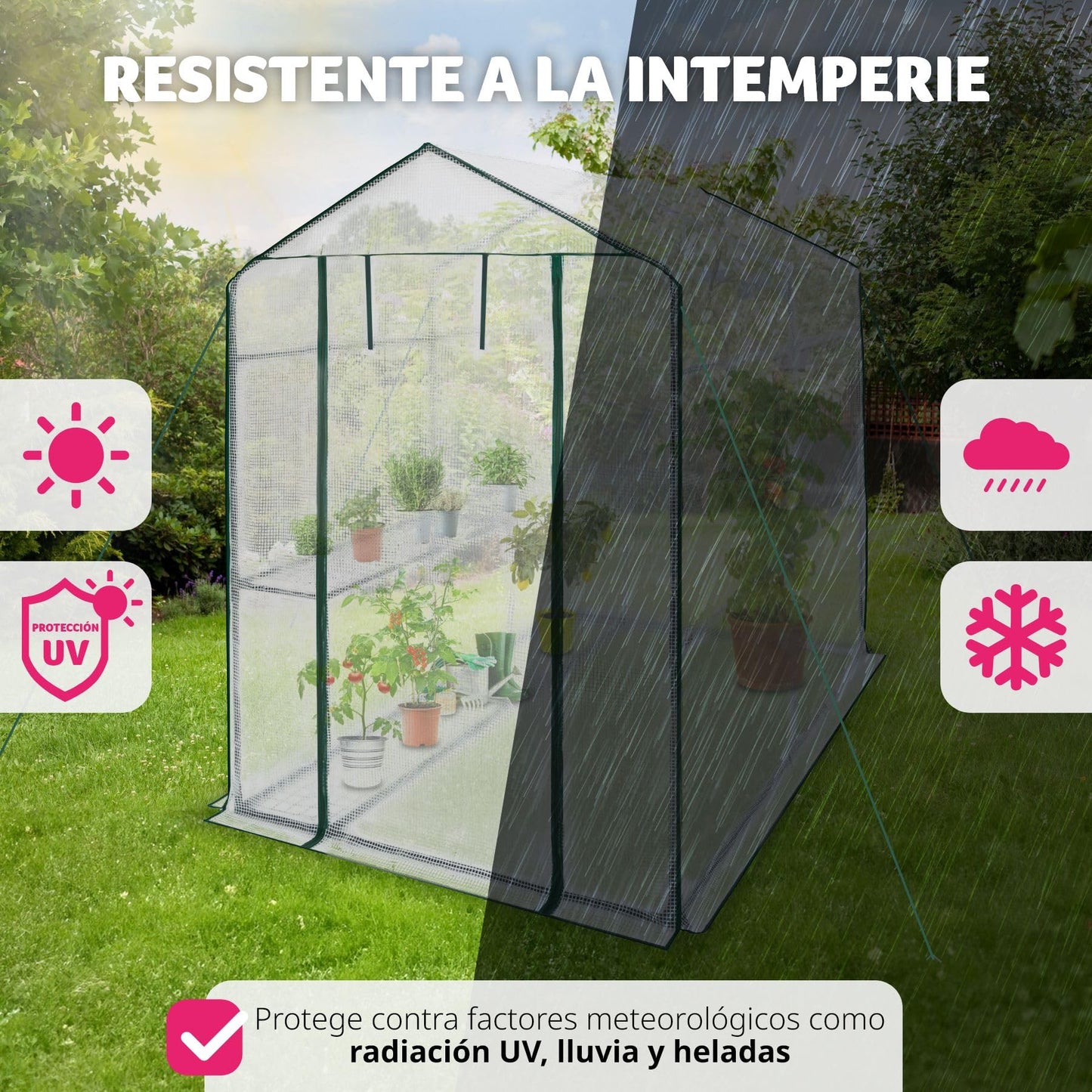tectake® Invernadero Exterior con 4 Baldas Metálicas de Rejilla, Cubierta de PE contra UVA, Invernadero Terraza 186x120x190cm, Caseta Jardin Exterior con Cuerdas Tensoras y Piquetas, Fácil Montaje