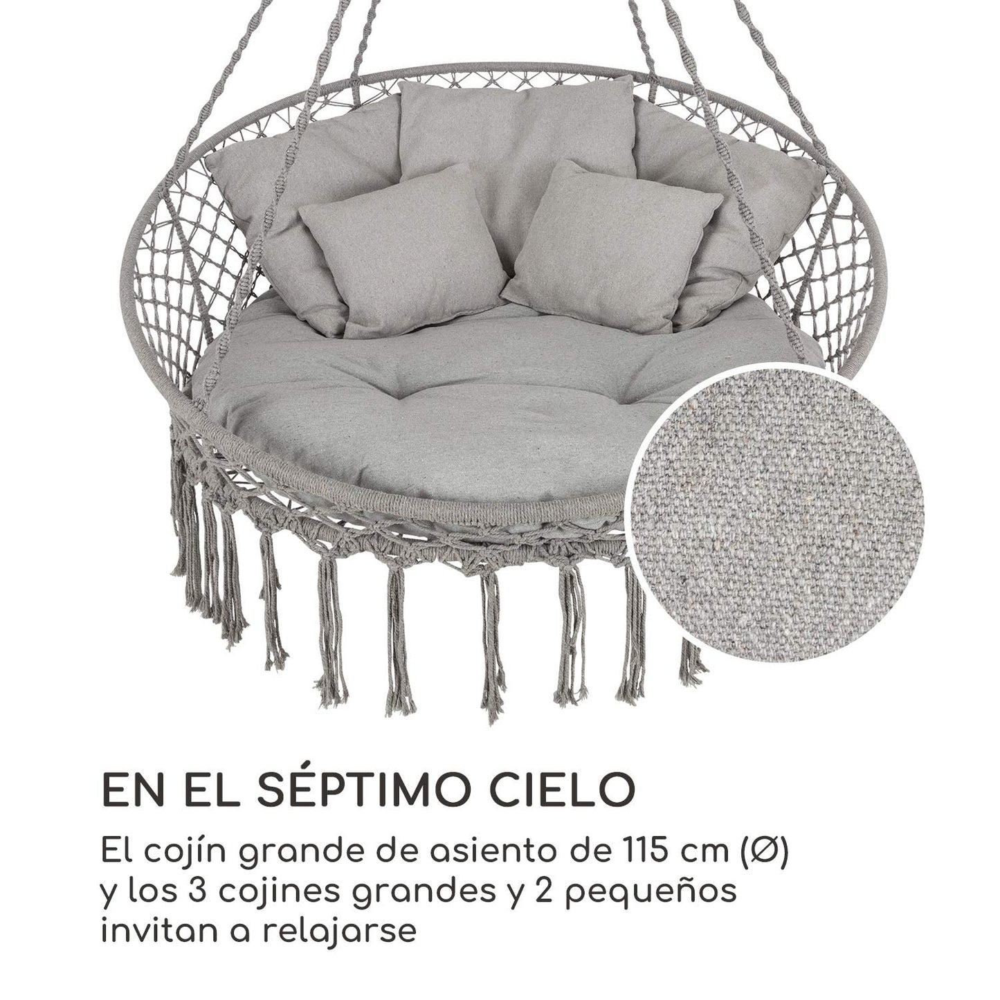 blumfeldt Ischia – sofá Colgante, balanceo Relajante, para Interior y Exterior, hasta 300 kg, 5 Cojines Grandes | Acabados en macramé, polialgodón, Fundas Resistentes a los Rayos UV, Gris Claro
