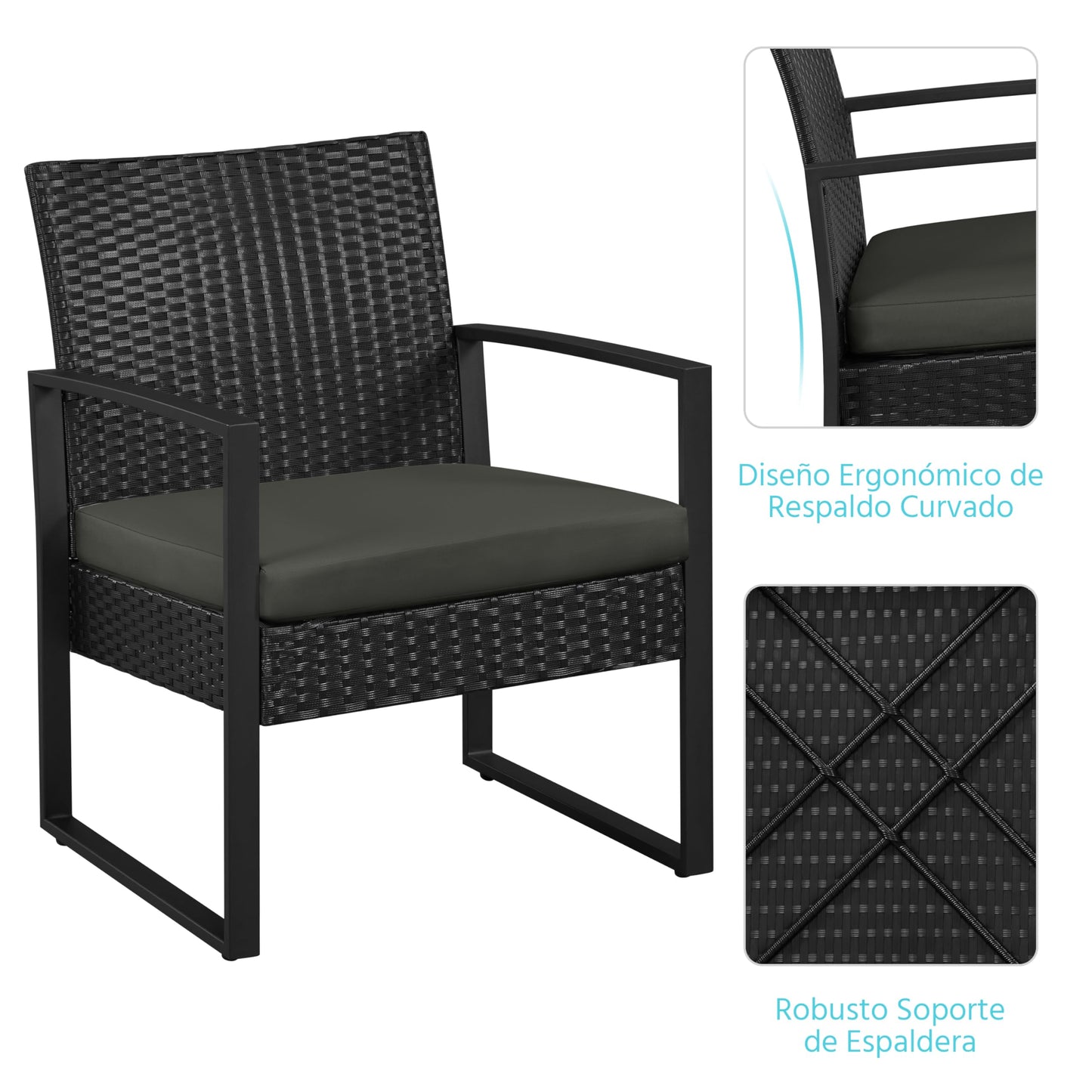 Yaheetech Conjunto de Mesa y Sillas Exterior Juego de Muebles Jardin con Cojines Silla Ratán Impermeable para Terraza Balcón Negro y Gris