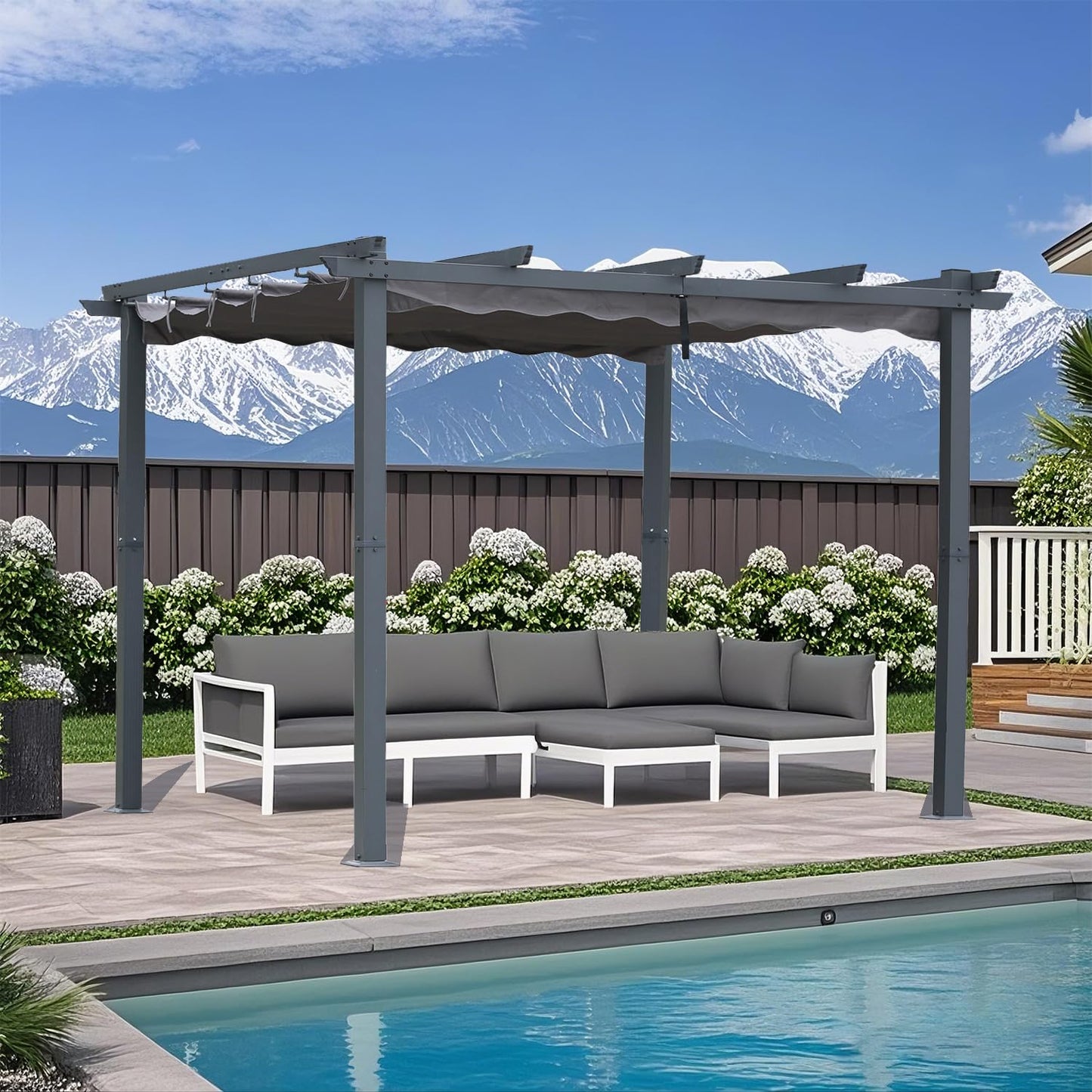 [Actualizado] Angel Living Pérgola de Aluminio con Techo Retráctil, Pabellón con Diseño Elegante, Cenador con Tela de Poliéster Resistente al Agua y a UV, Uso para el Exterior (3 x 3, Gris)