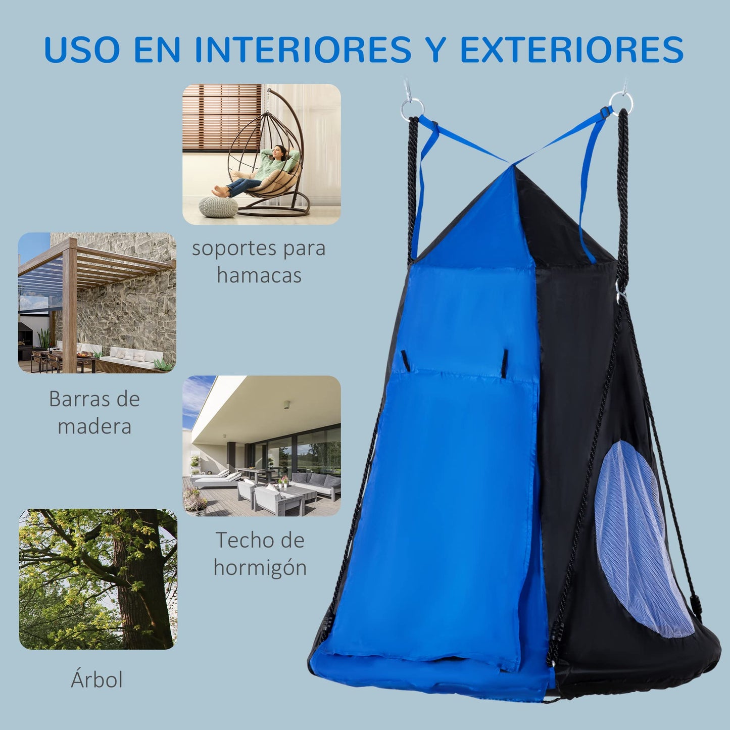 Outsunny Columpio con Tienda Infantil Columpio Nido con Puerta Enrollable y 2 Ventanas de Malla para Niños y Adultos Carga MAX. 200 kg Interior y Exterior Ø100x180 cm Negro y Azul