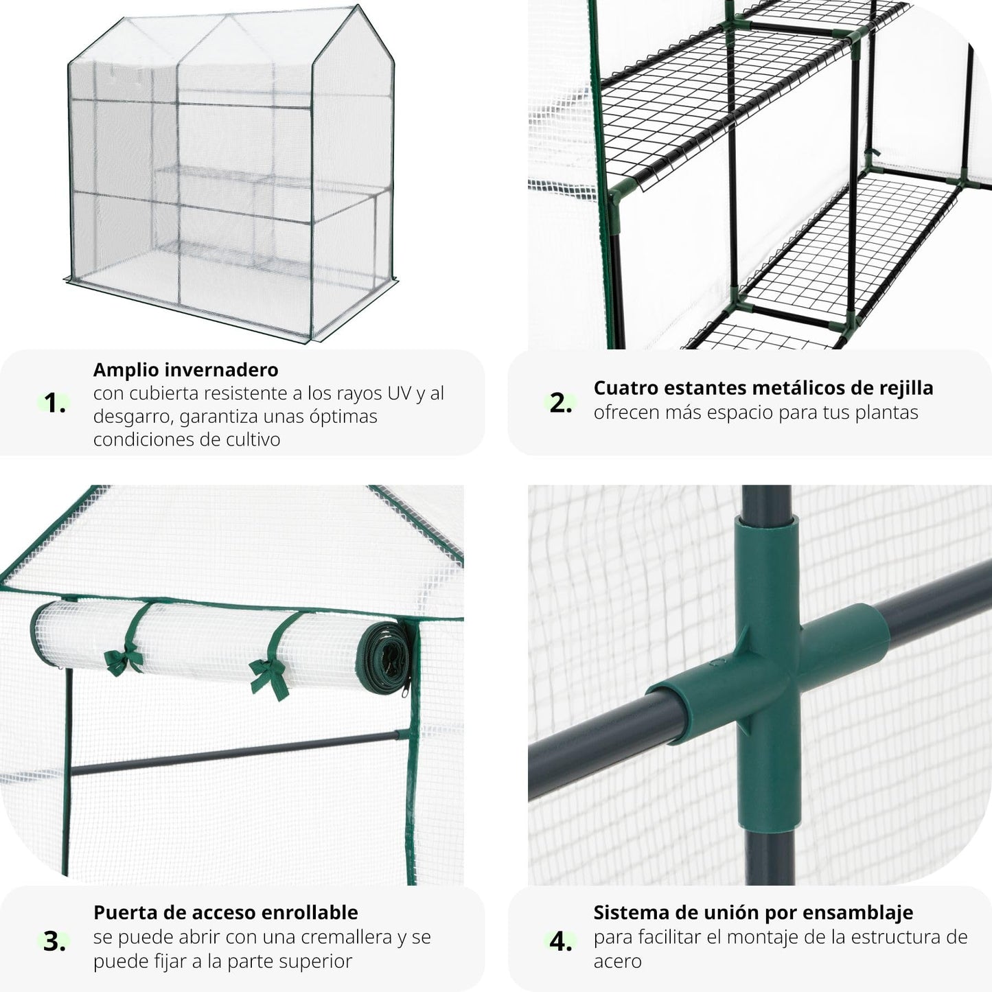 tectake® Invernadero Exterior con 4 Baldas Metálicas de Rejilla, Cubierta de PE contra UVA, Invernadero Terraza 186x120x190cm, Caseta Jardin Exterior con Cuerdas Tensoras y Piquetas, Fácil Montaje