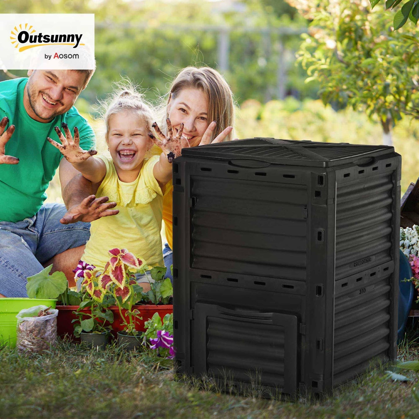 Outsunny Compostador Capacidad de 300L Compostera Orgánica para Producción Abono de Jardín Exterior con 48 Respiraderos 60,5x60,5x81,5 cm Negro