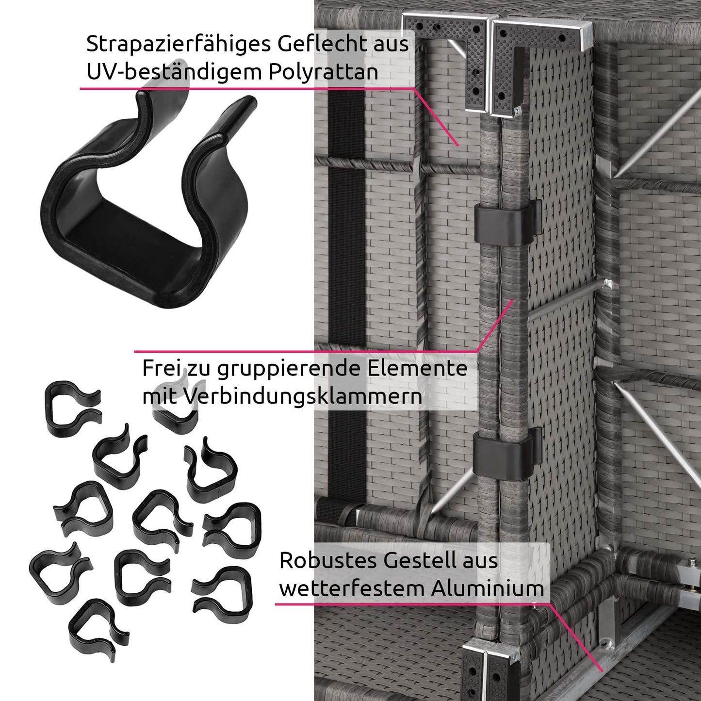 TecTake® Conjunto Jardín en Ratán y Aluminio con Cojines de 10 cm, Conjunto Terraza Resistente a la Intemperie, Muebles Jardín Exterior 3 Sillones, 1 Puf, 1 Mesa con Cristal, Fundas Extraíbles - Gris