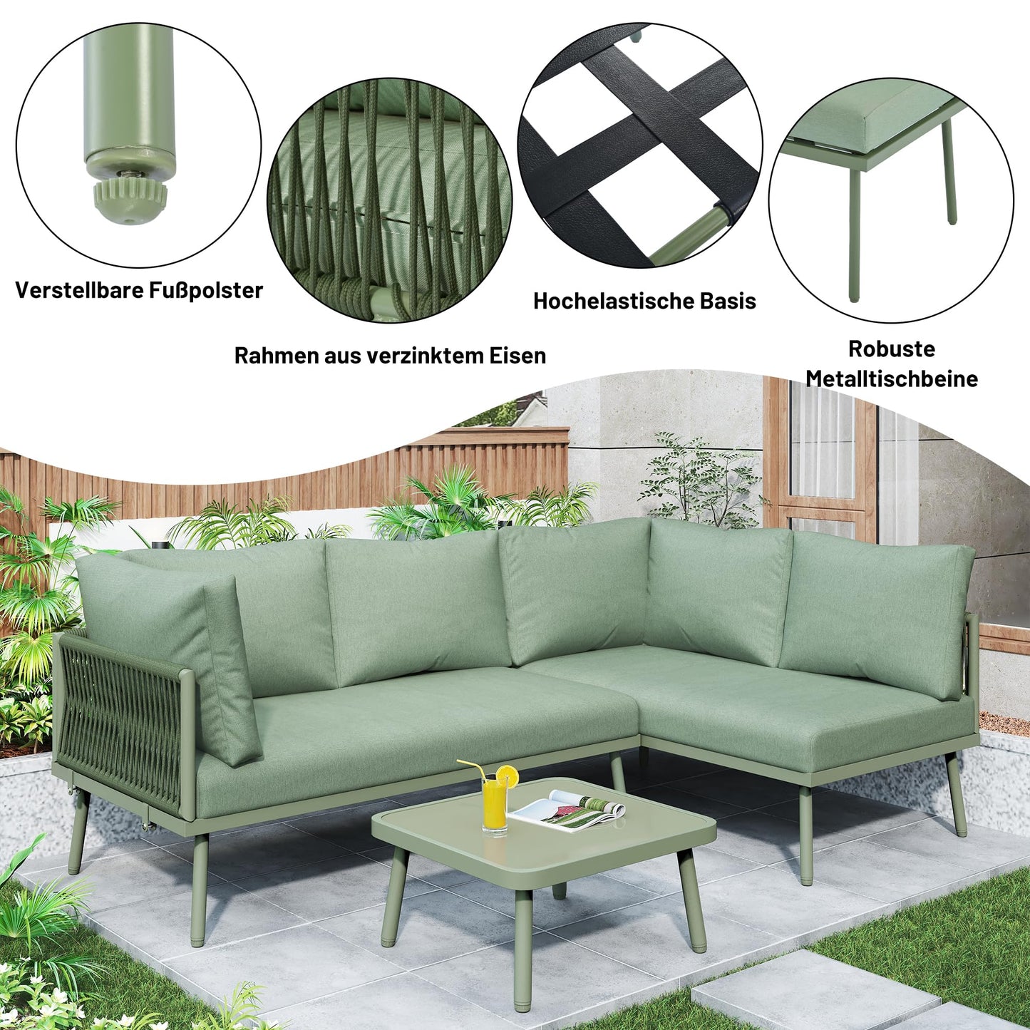 Racxily Juego de muebles de jardín, 2 sofás y 1 mesa, muebles de jardín, de hierro, con cojín de asiento, patas ajustables, verde