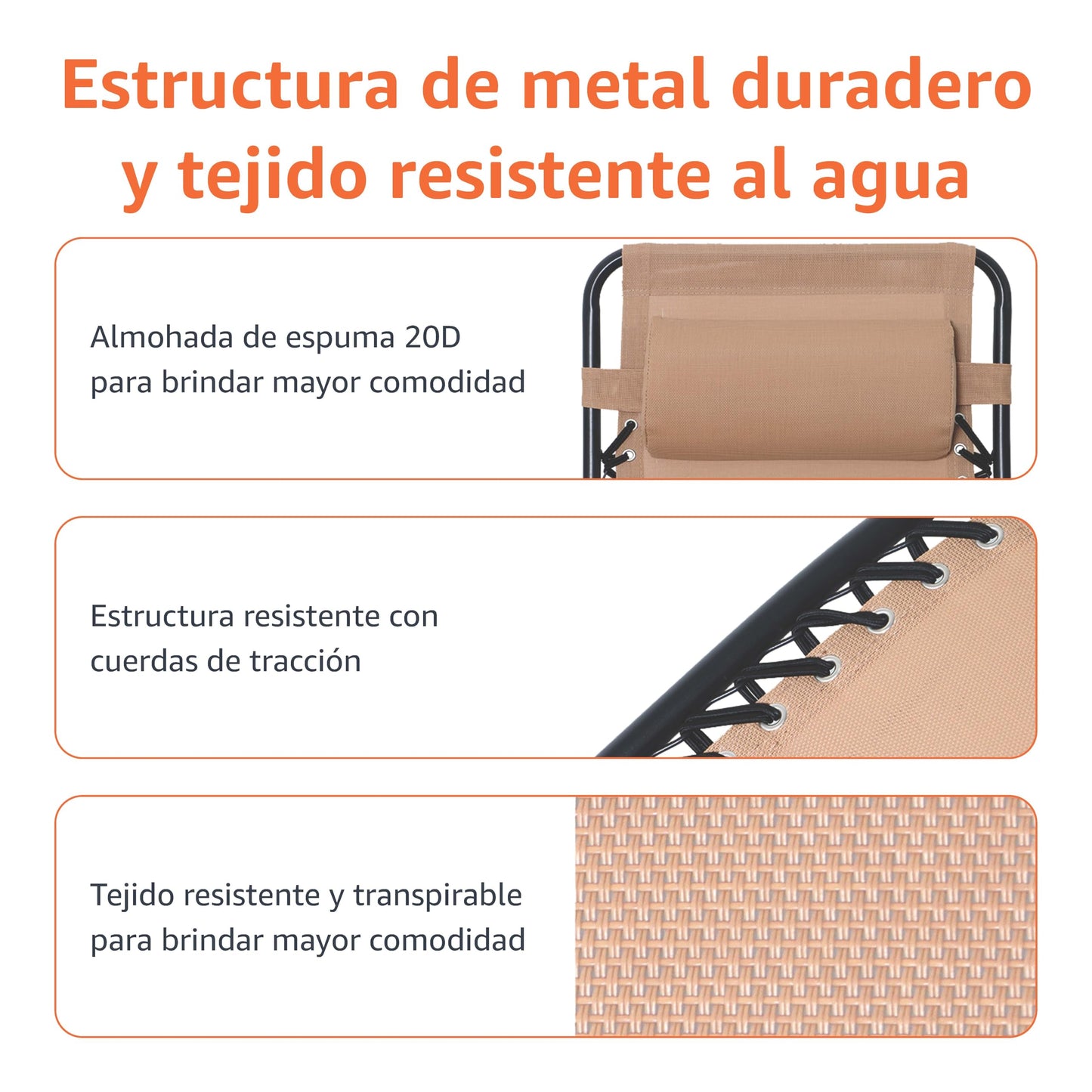 Amazon Basics sillas con gravedad cero y mesa auxiliar, para Oficina, Plegable, Soporte de cabeza, Reclinable, Acero aleado, Paquete de 2, Beige