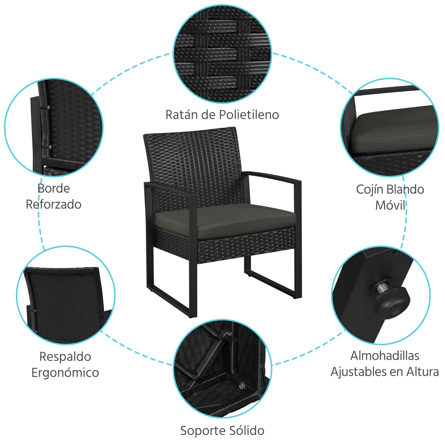 Yaheetech Conjunto de Mesa y Sillas Exterior Juego de Muebles Jardin con Cojines Silla Ratán Impermeable para Terraza Balcón Negro y Gris