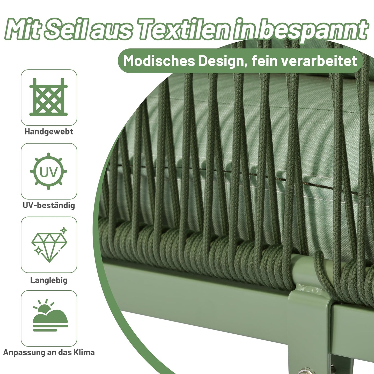 Racxily Juego de muebles de jardín, 2 sofás y 1 mesa, muebles de jardín, de hierro, con cojín de asiento, patas ajustables, verde