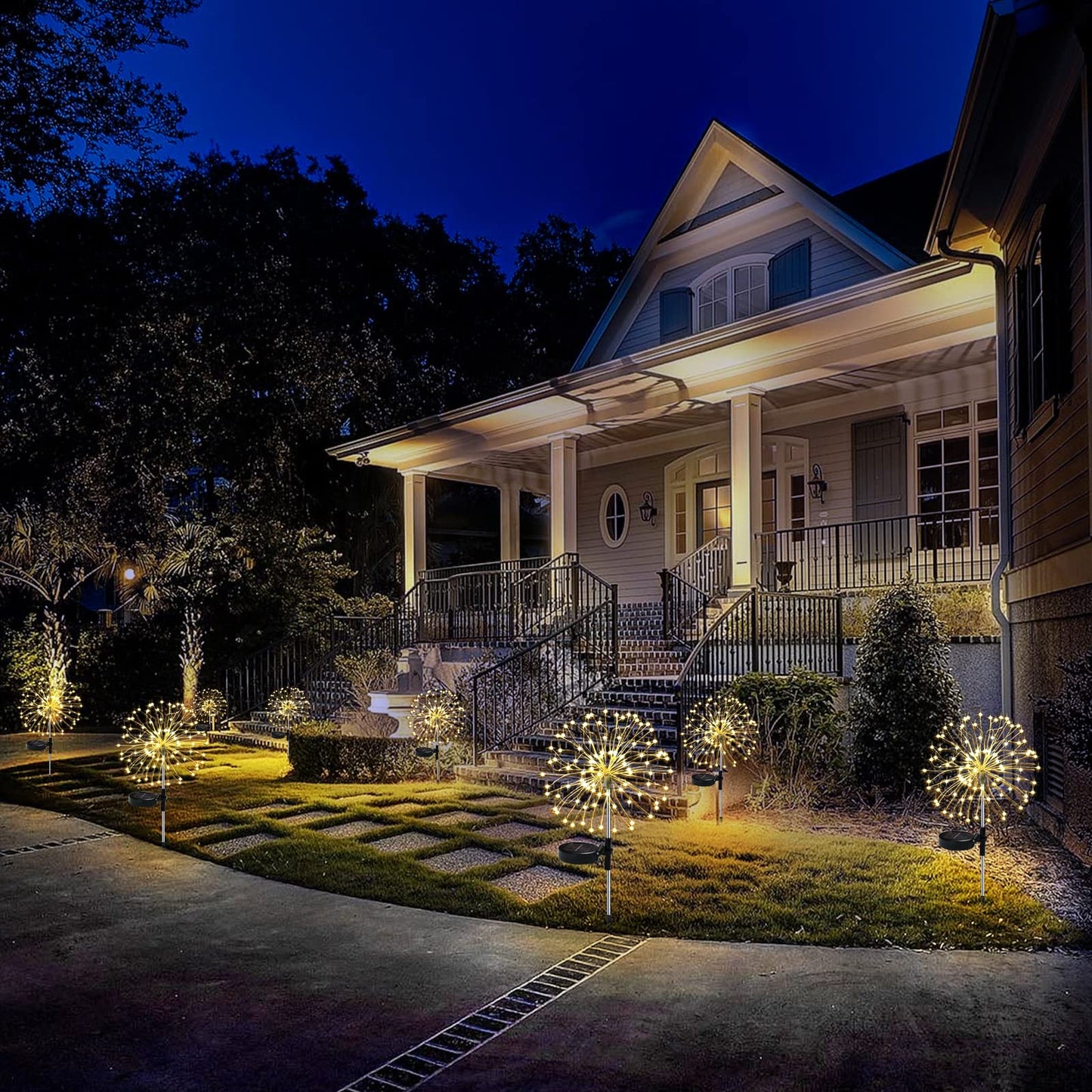 Honche 2 Pack Luces de jardín al aire libre Luz de fuegos artificiales solares Bengalas LED Lámpara blanca cálida para fiesta Boda Jardín Camino Navidad Parque Decoración (warm white)
