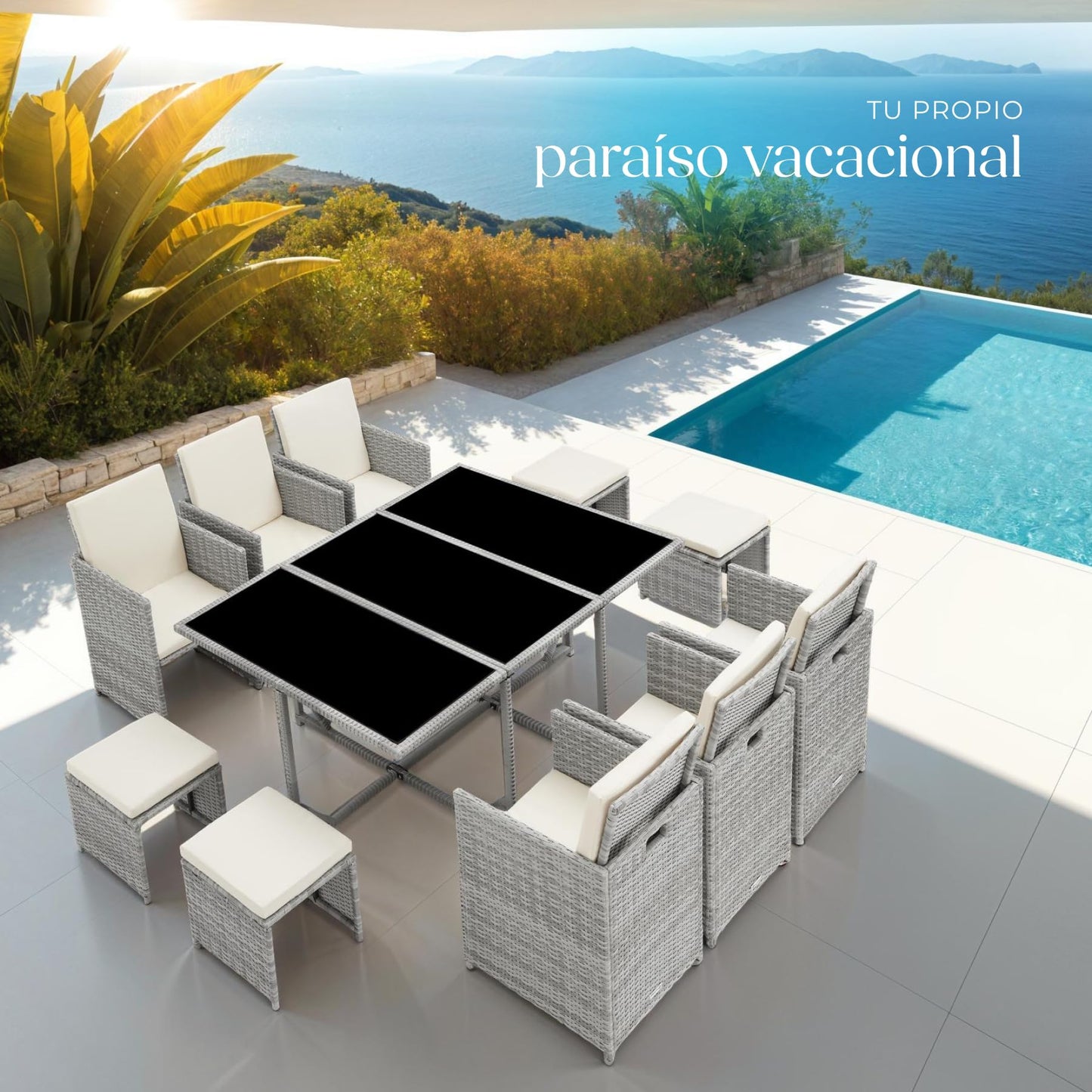 TecTake® Conjunto Jardín Exterior de Ratán y Acero, Agrupable en Cubo, Muebles Jardín Exterior Resistente a la Intemperie, para 6-10 Personas, Fundas Extraíbles y Funda Protectora - Gris Claro