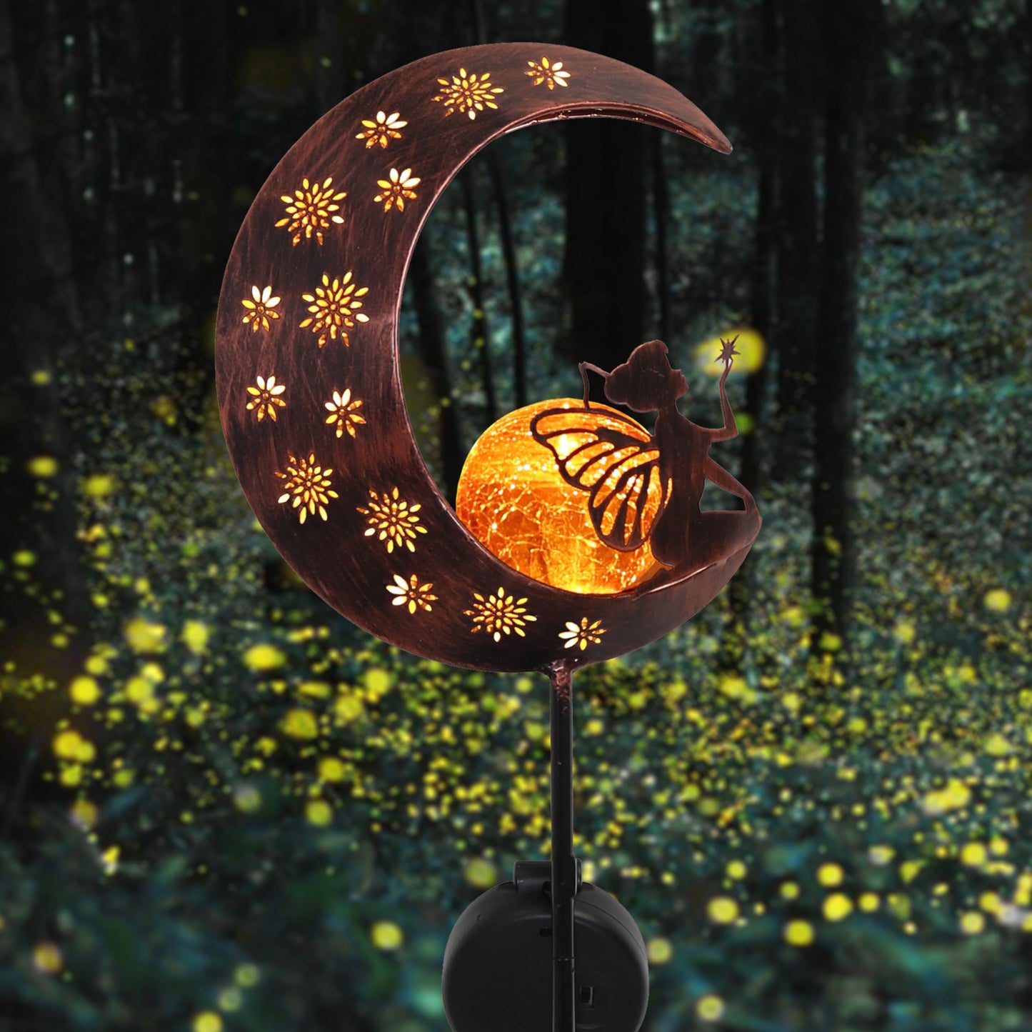 TERESA'S COLLECTIONS Luces Solares Adornos de Jardín, LED Decoracion de Jardin de Metal Decorativo Estaca de Jardín de Luna y Hada para Exteriores, Patio Trasero