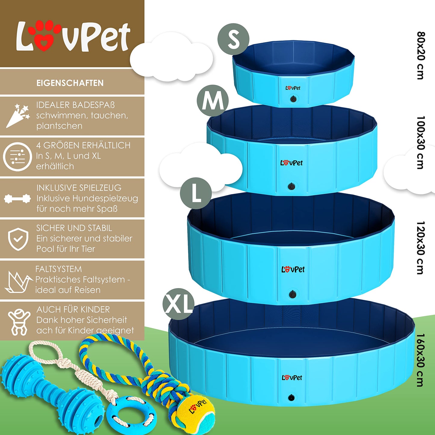 Lovpet® Piscina Plegable para Perros Grandes y pequeños, Incluye Juguete para Perros, Piscinas Plegables para niños y Perros, bañera para Perros, Azul Claro/Azul Marino (L) 120 cm Ø