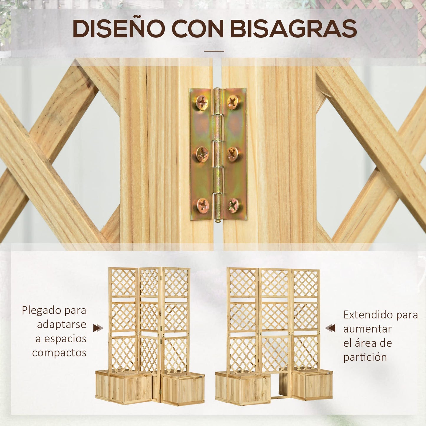 Outsunny Biombo Exterior de 3 Paneles de Madera con 4 Macetas Pantalla de Privacidad de Jardín con Orificios de Drenaje Separador de Ambientes para Terraza Patio 133x62x165 cm Natural