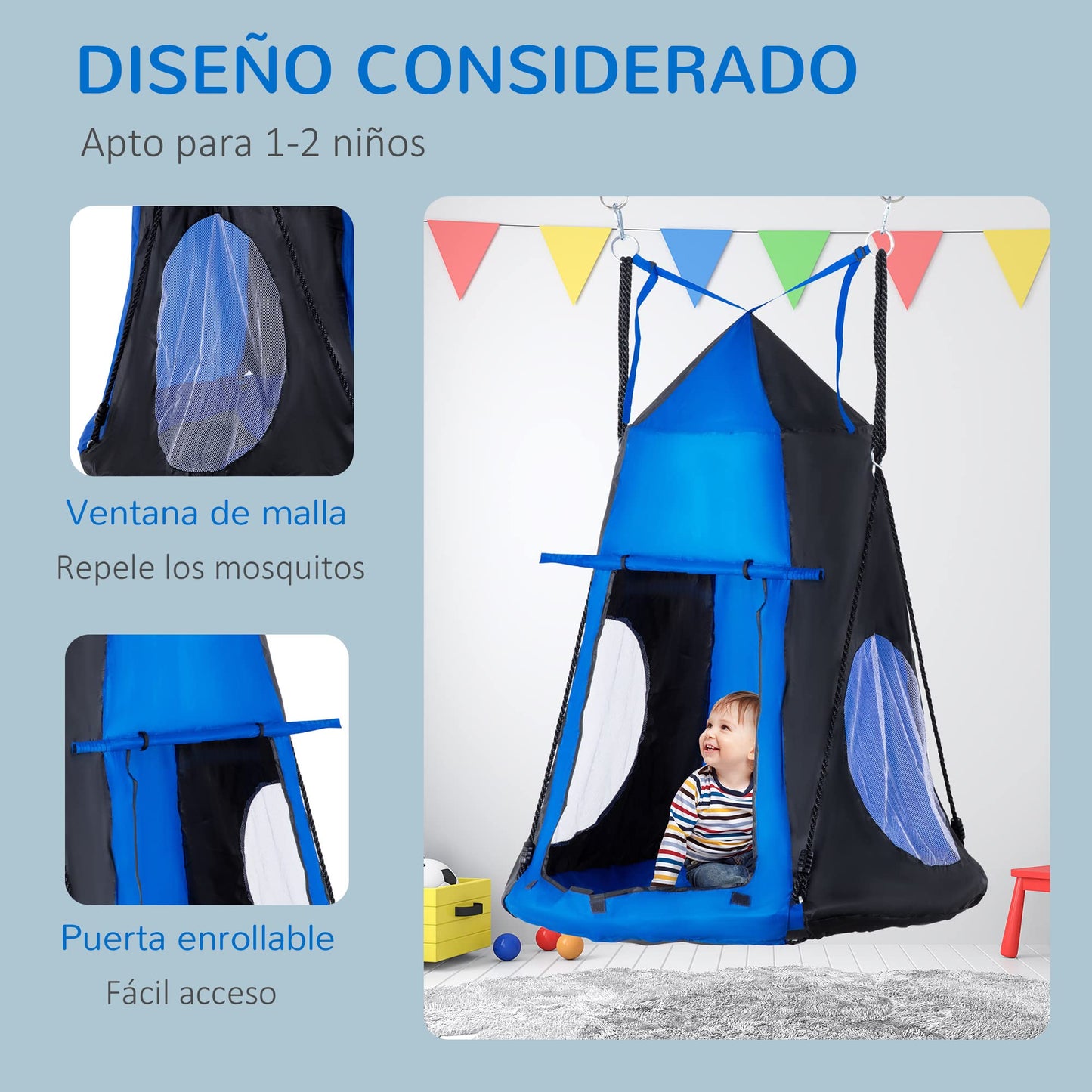 Outsunny Columpio con Tienda Infantil Columpio Nido con Puerta Enrollable y 2 Ventanas de Malla para Niños y Adultos Carga MAX. 200 kg Interior y Exterior Ø100x180 cm Negro y Azul
