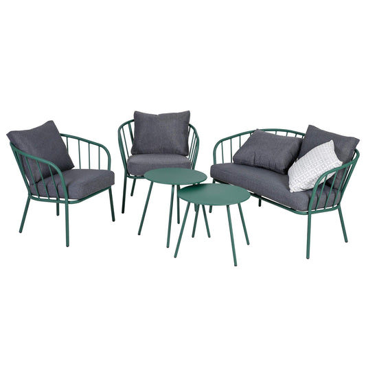 Greemotion Conjunto de Muebles de Jardín de 5 Piezas Niza, Juego de Sofá Exterior/Interior de Acero para 4 Personas, 2 Mesas, Sofá y 2 Sillones con Cojines, Verde/Gris