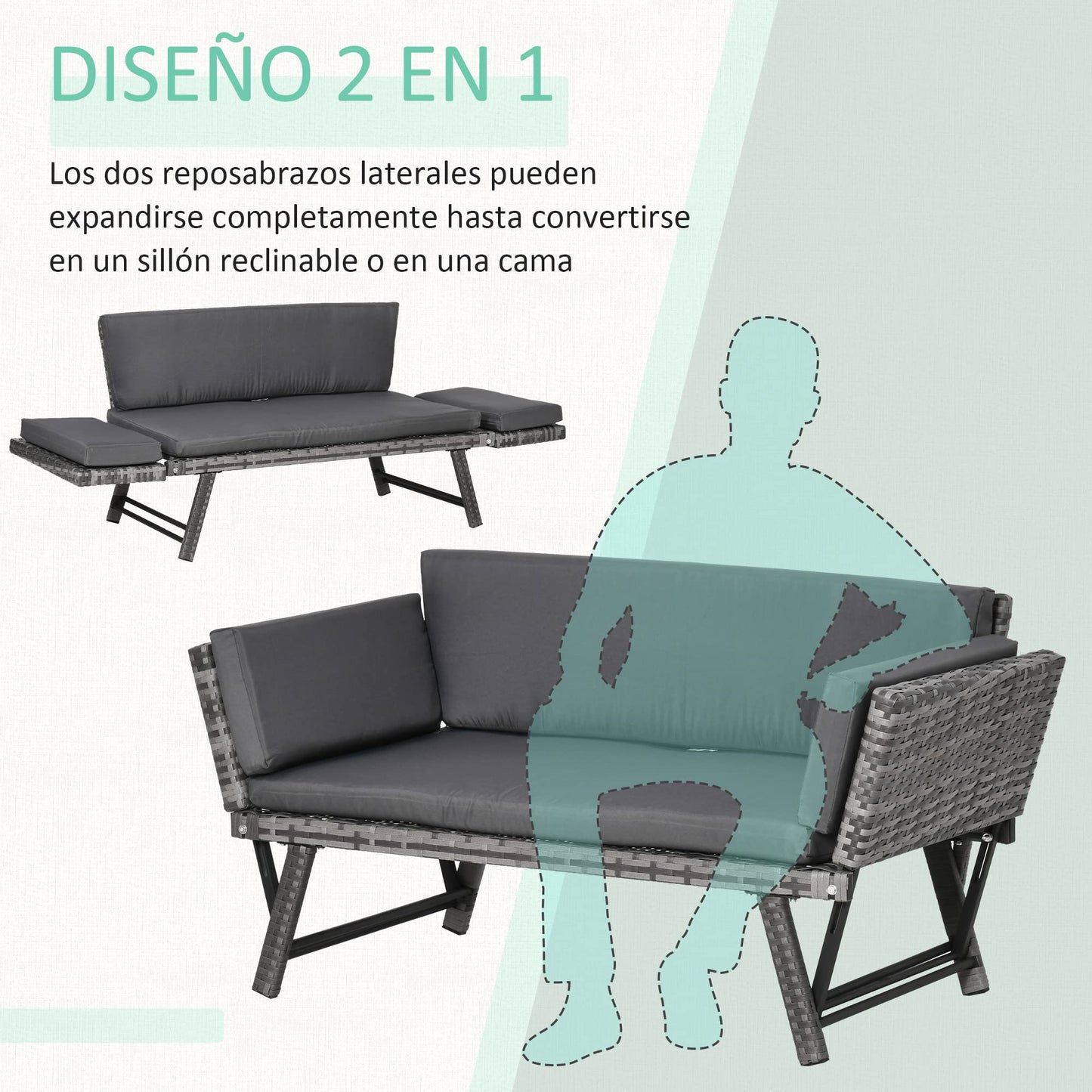 Outsunny Sofá de Ratán de 2 Plazas Convertible en Cama Individual 129x63x67 cm con Reposabrazos Abatibles y Cojines Acolchados Sofá Doble para Jardín Patio Terraza Gris