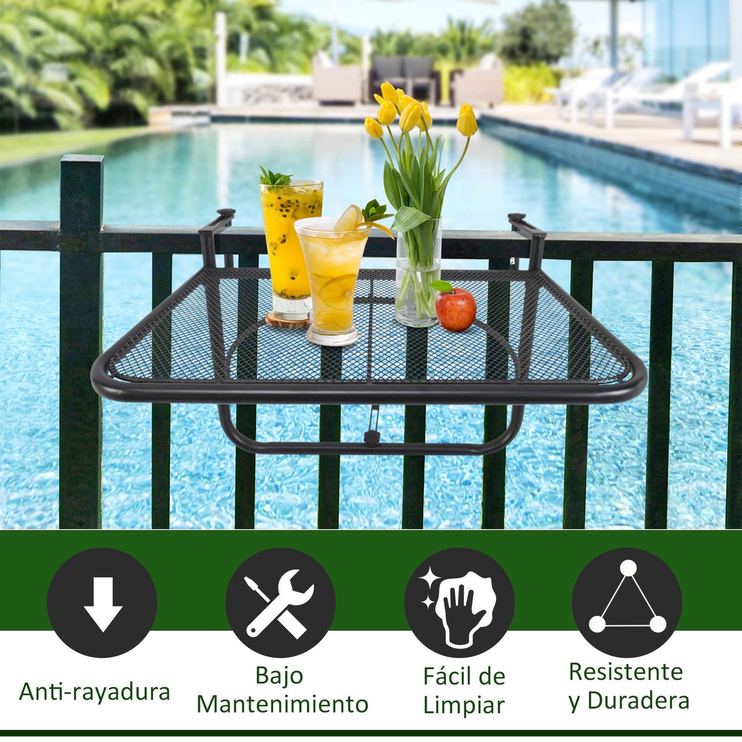 Outsunny Mesa Colgante de Balcón con Brazo Regulable y Altura Ajustable en 3 Posiciones Marco Metálico Carga Máx. 30 kg 60x56,5x45 cm Negro