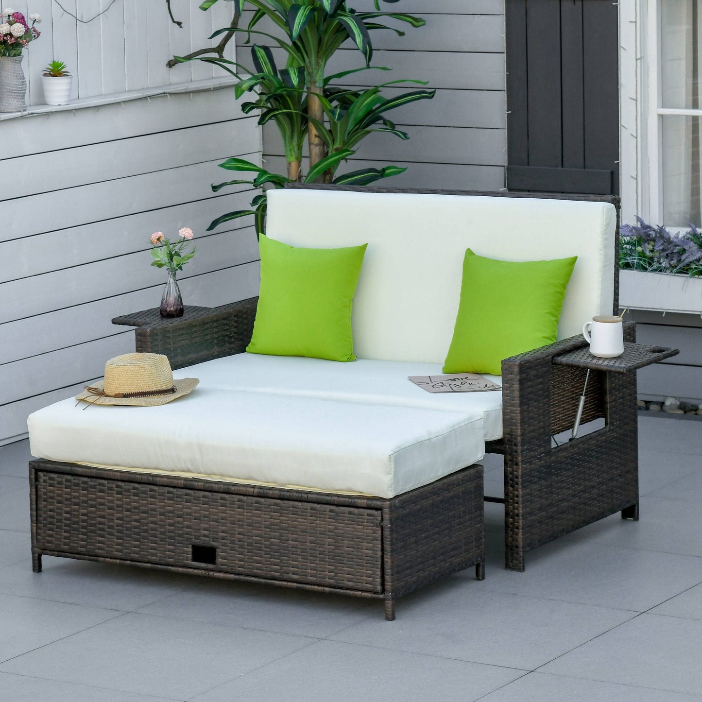 Outsunny Sofá de Ratán de 2 Plazas con Mesitas y Reposapiés de Almacenaje Tumbona de Jardín con Respaldo Inclinable y Cojines Gruesos Desenfundables 130x76x96 cm Marrón y Beige