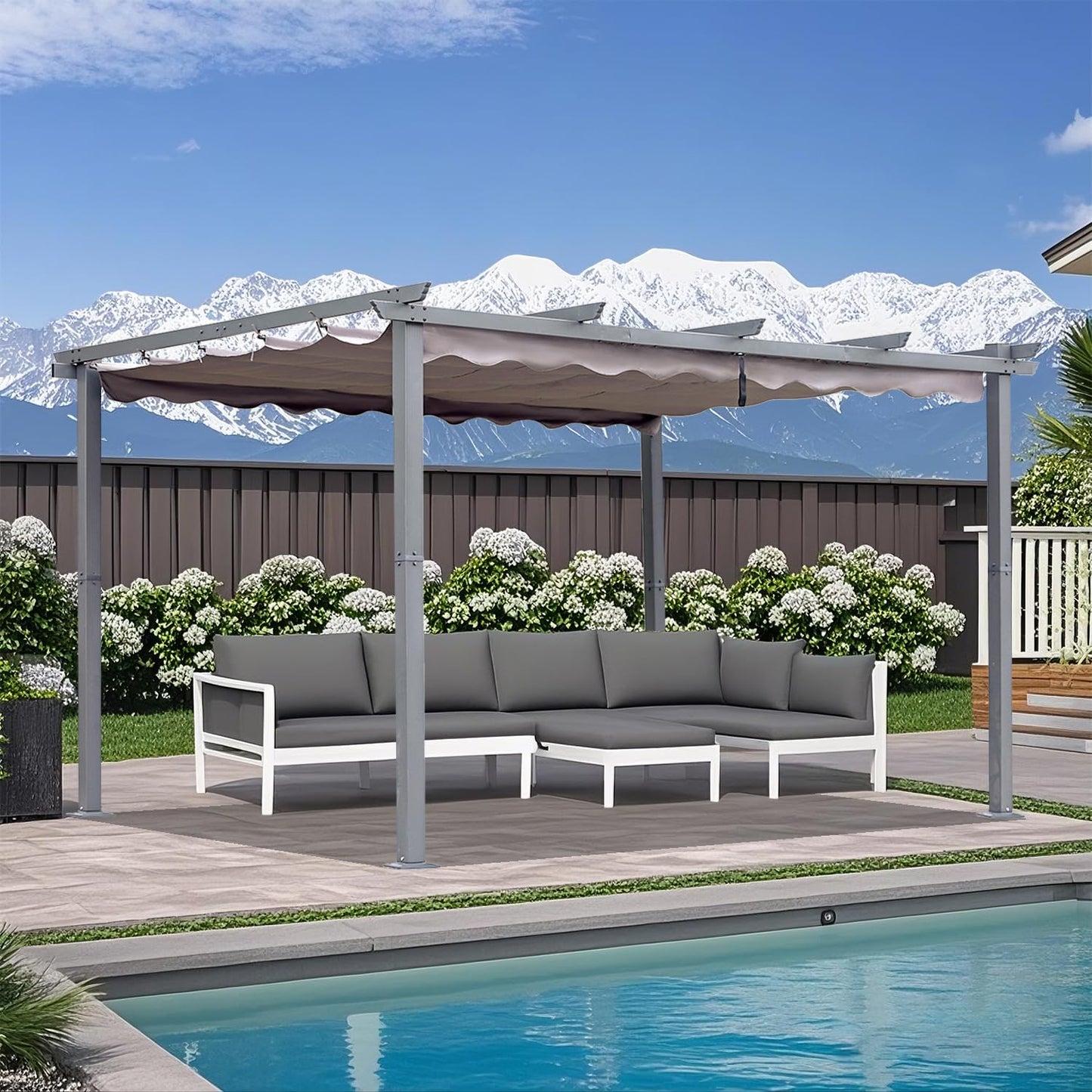 [Actualizado] Angel Living Pérgola de Aluminio con Techo Retráctil, Pabellón con Diseño Elegante, Cenador con Tela de Poliéster Resistente al Agua y a UV, Uso para el Exterior (3 x 4, Gris)