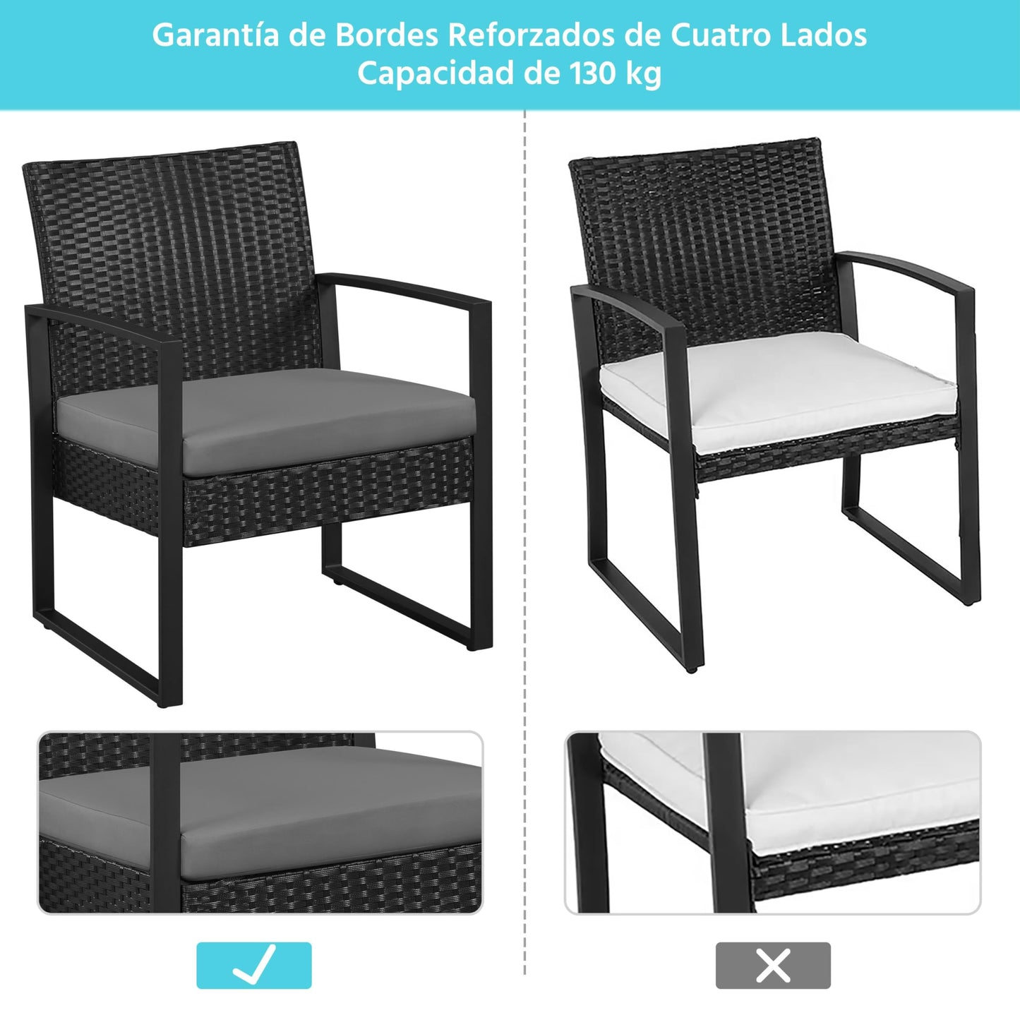 Yaheetech Conjunto de Mesa y Sillas Exterior Juego de Muebles Jardin con Cojines Silla Ratán Impermeable para Terraza Balcón Negro y Gris