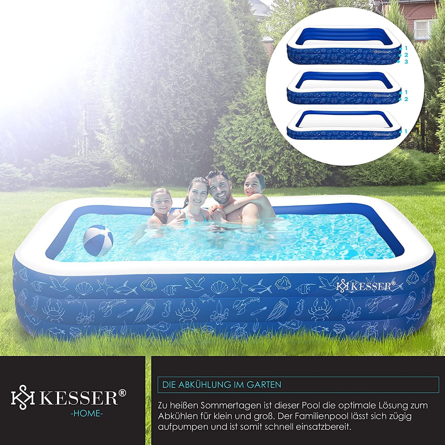 KESSER® Piscina inflable familiar para niños y adultos, piscina infantil de jardín para verano, 240 x 142 x 56 cm, 613 litros, capacidad para niños, agujeros de drenaje