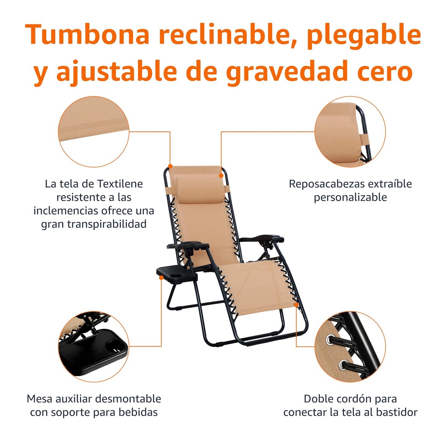 Amazon Basics sillas con gravedad cero y mesa auxiliar, para Oficina, Plegable, Soporte de cabeza, Reclinable, Acero aleado, Paquete de 2, Beige
