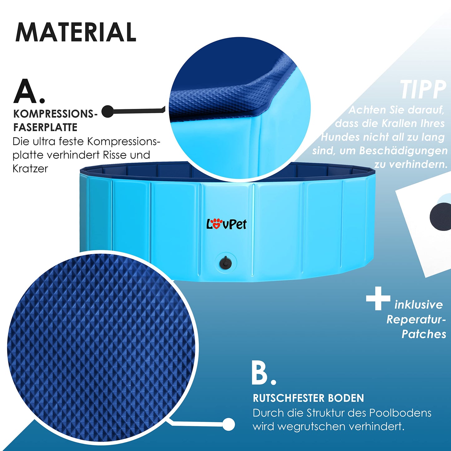 Lovpet® Piscina Plegable para Perros Grandes y pequeños, Incluye Juguete para Perros, Piscinas Plegables para niños y Perros, bañera para Perros, Azul Claro/Azul Marino (L) 120 cm Ø