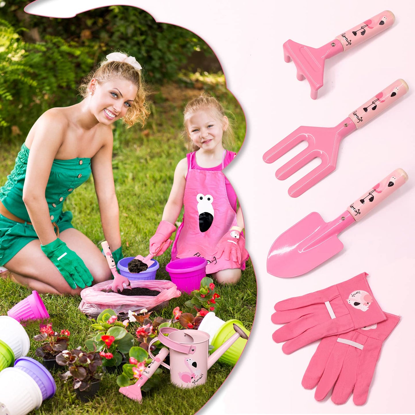 Hortem Las herramientas de jardinería para niños incluyen herramientas largas de metal con cabeza 3D de flamenco, pala, guante de jardín para niños, regalos de jardinería de Halloween para niños