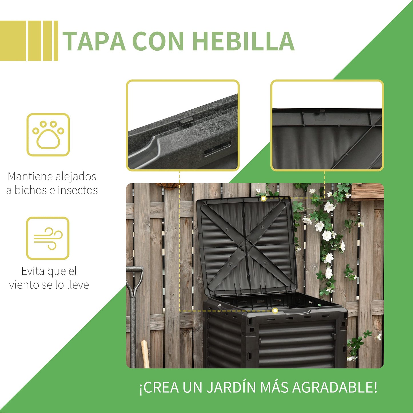 Outsunny Compostador Capacidad de 300L Compostera Orgánica para Producción Abono de Jardín Exterior con 48 Respiraderos 60,5x60,5x81,5 cm Negro