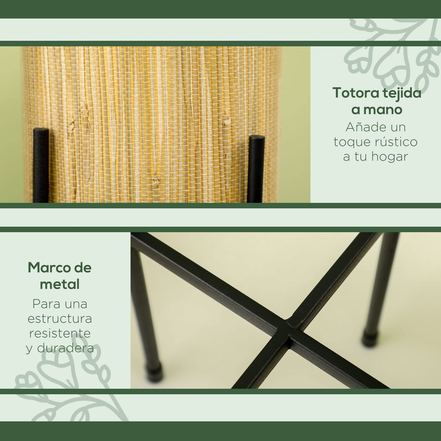 Outsunny Juego de 2 Soportes para Plantas de Metal Cubierta de Totora Soportes para Macetas Maceteros Redondos para Salón Cocina Dormitorio Ø16x30 cm y Ø14x25,5 cm Negro