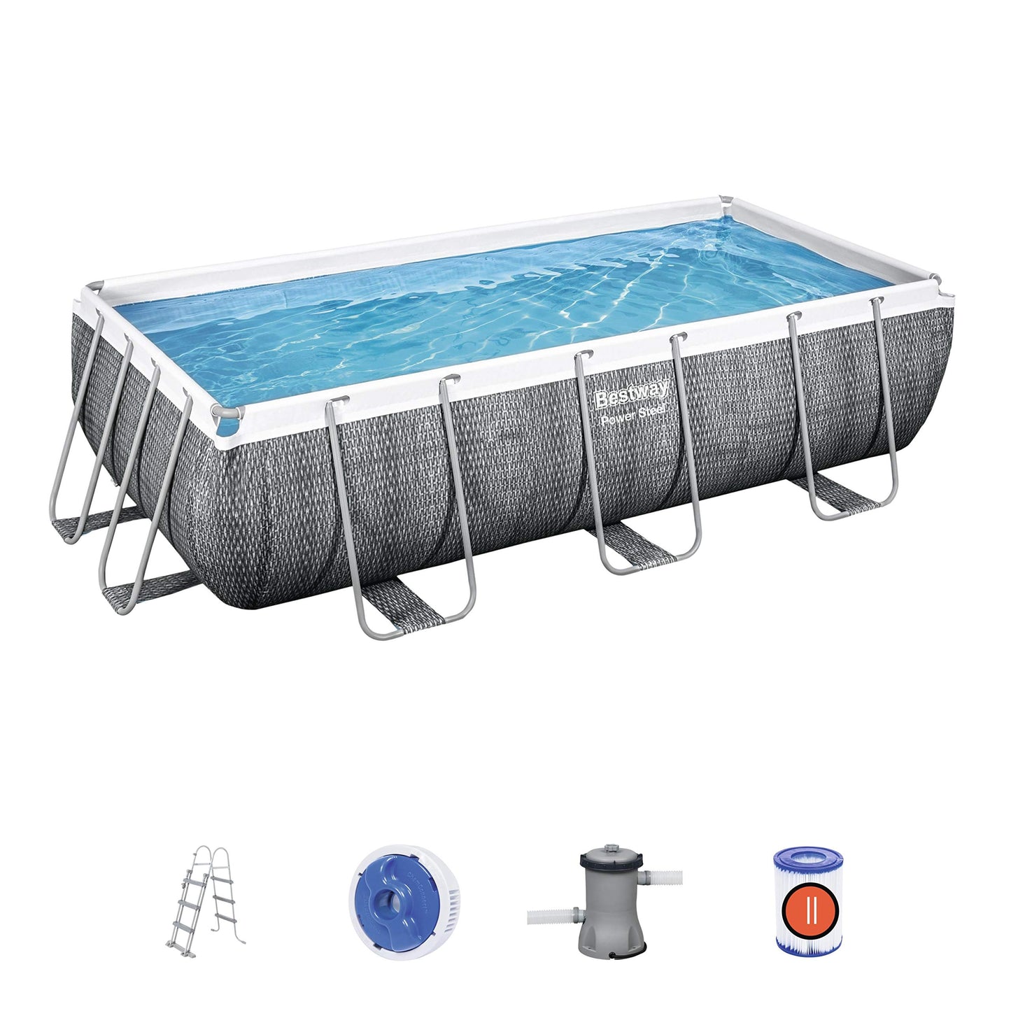 Bestway Power Steel Deluxe Frame Pool - Piscina Rectangular con Marco de Acero Estable, Juego Completo, Aspecto de ratán, Color marrón, 404 x 201 x 100 cm