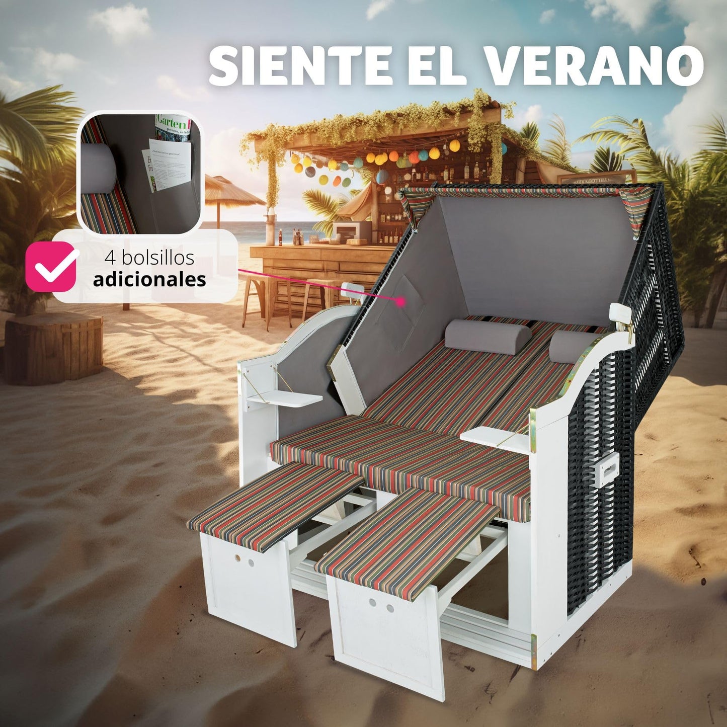 tectake® Sillón Playa Ajustable, Tumbona Jardín XXL, Sofá Exterior con Funda Protectora, Cojines, Hamaca Terraza, Sofa Jardin, Conjunto Muebles Jardín, Sofá Terraza Exterior - Negro / Gris / Marrón