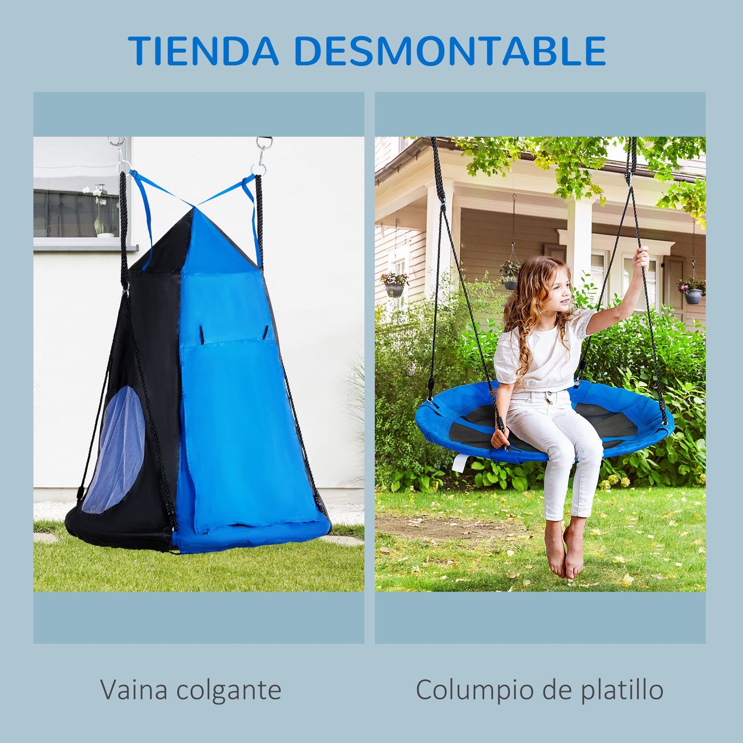 Outsunny Columpio con Tienda Infantil Columpio Nido con Puerta Enrollable y 2 Ventanas de Malla para Niños y Adultos Carga MAX. 200 kg Interior y Exterior Ø100x180 cm Negro y Azul