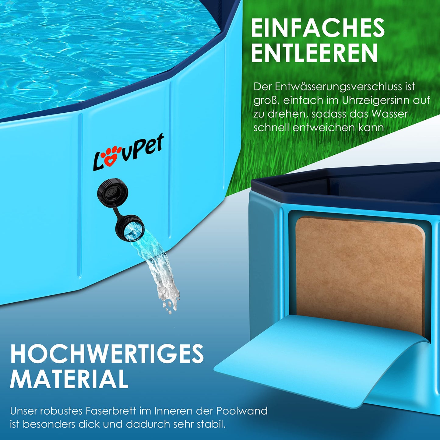 Lovpet® Piscina Plegable para Perros Grandes y pequeños, Incluye Juguete para Perros, Piscinas Plegables para niños y Perros, bañera para Perros, Azul Claro/Azul Marino (L) 120 cm Ø